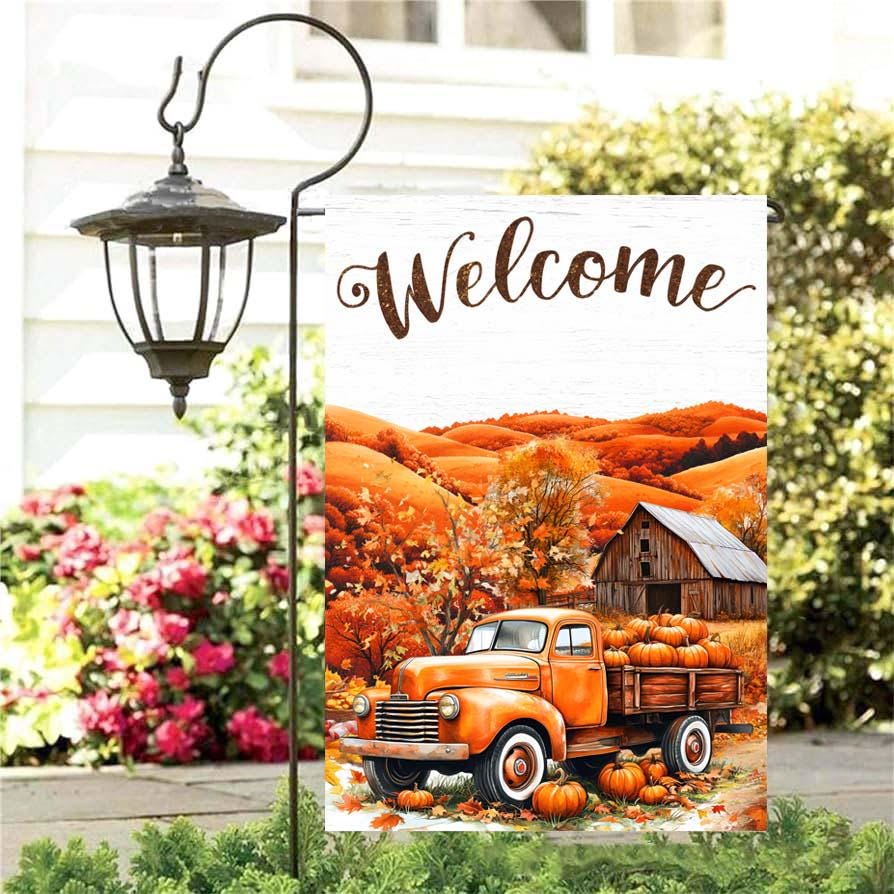 Autum Truck Pumpkin Welcome Garden Flag - Fall Harvest Season Greeting with Rustic Charm Autum Truck Pumpkin Welcome Garden Flag - Fall Harvest Season Greeting with Rustic Charm