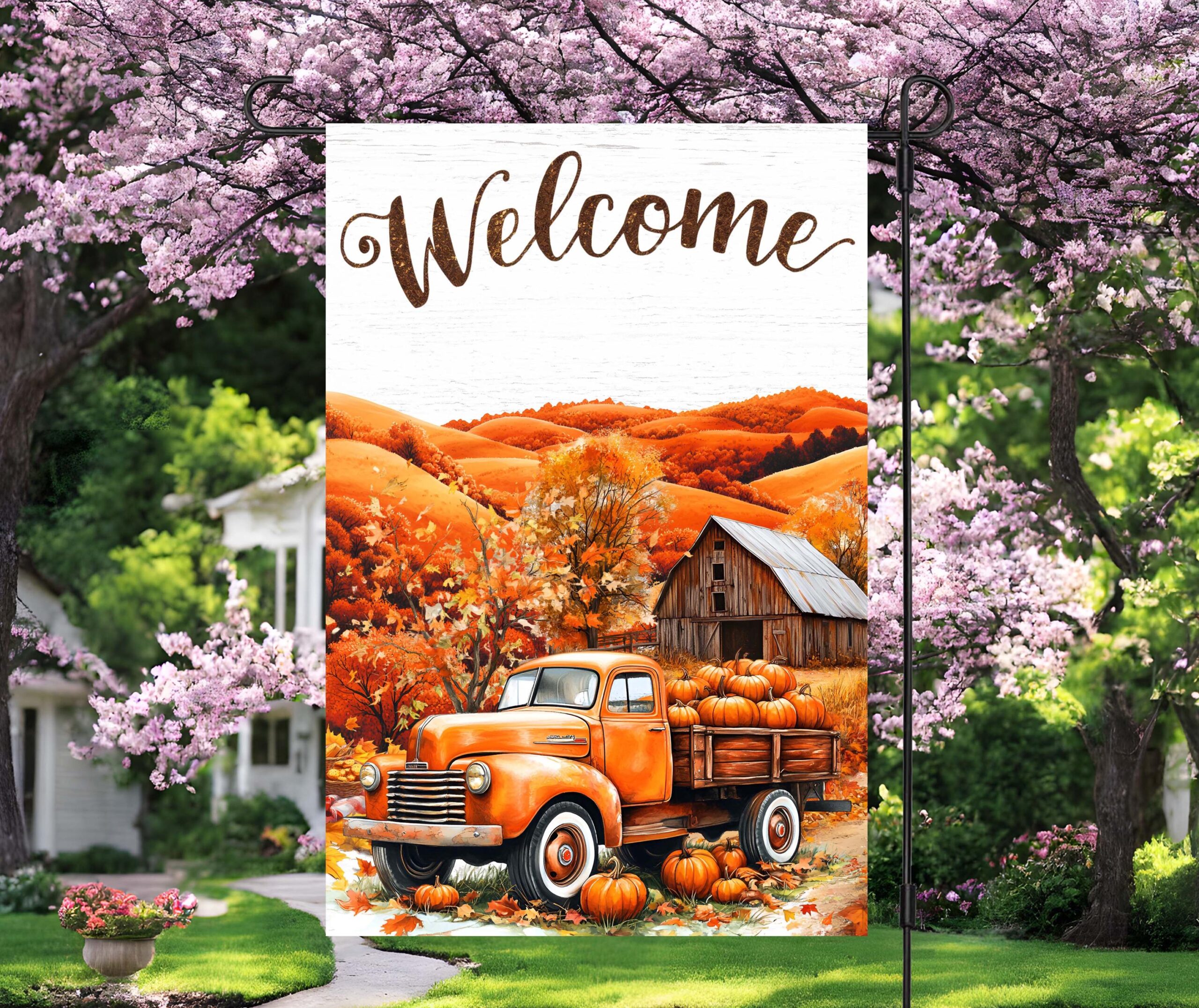 Autum Truck Pumpkin Welcome Garden Flag - Fall Harvest Season Greeting with Rustic Charm Autum Truck Pumpkin Welcome Garden Flag - Fall Harvest Season Greeting with Rustic Charm