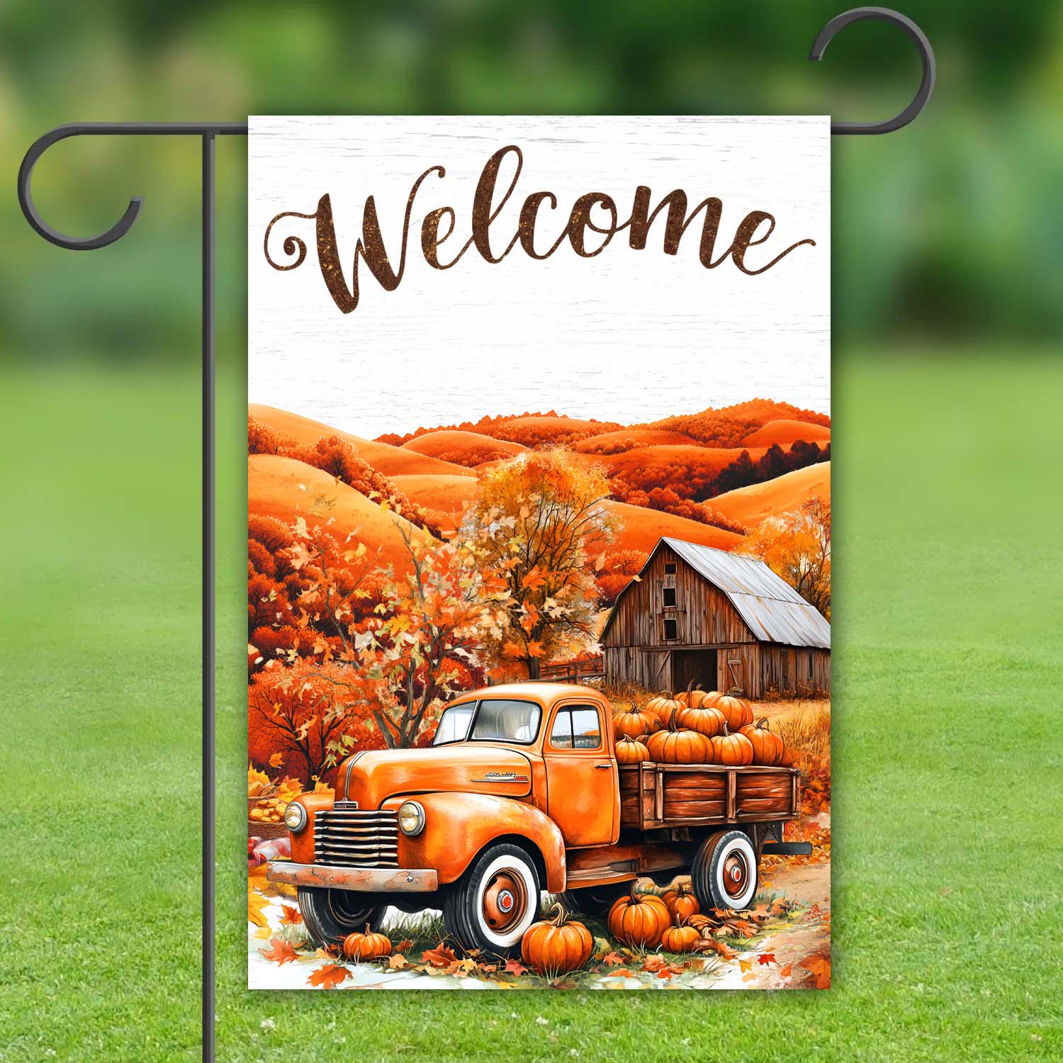 Autum Truck Pumpkin Welcome Garden Flag - Fall Harvest Season Greeting with Rustic Charm Autum Truck Pumpkin Welcome Garden Flag - Fall Harvest Season Greeting with Rustic Charm