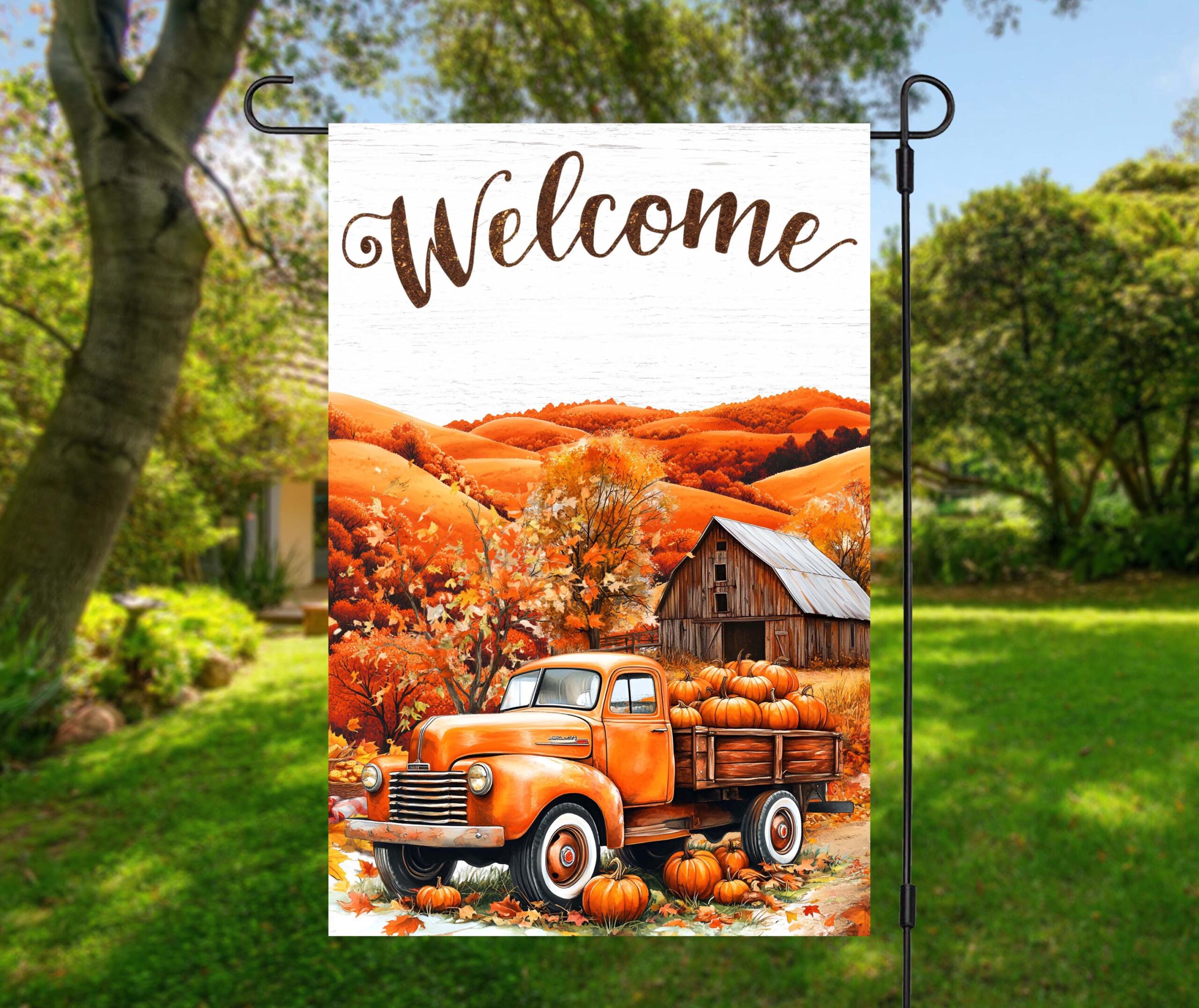 Autum Truck Pumpkin Welcome Garden Flag - Fall Harvest Season Greeting with Rustic Charm Autum Truck Pumpkin Welcome Garden Flag - Fall Harvest Season Greeting with Rustic Charm