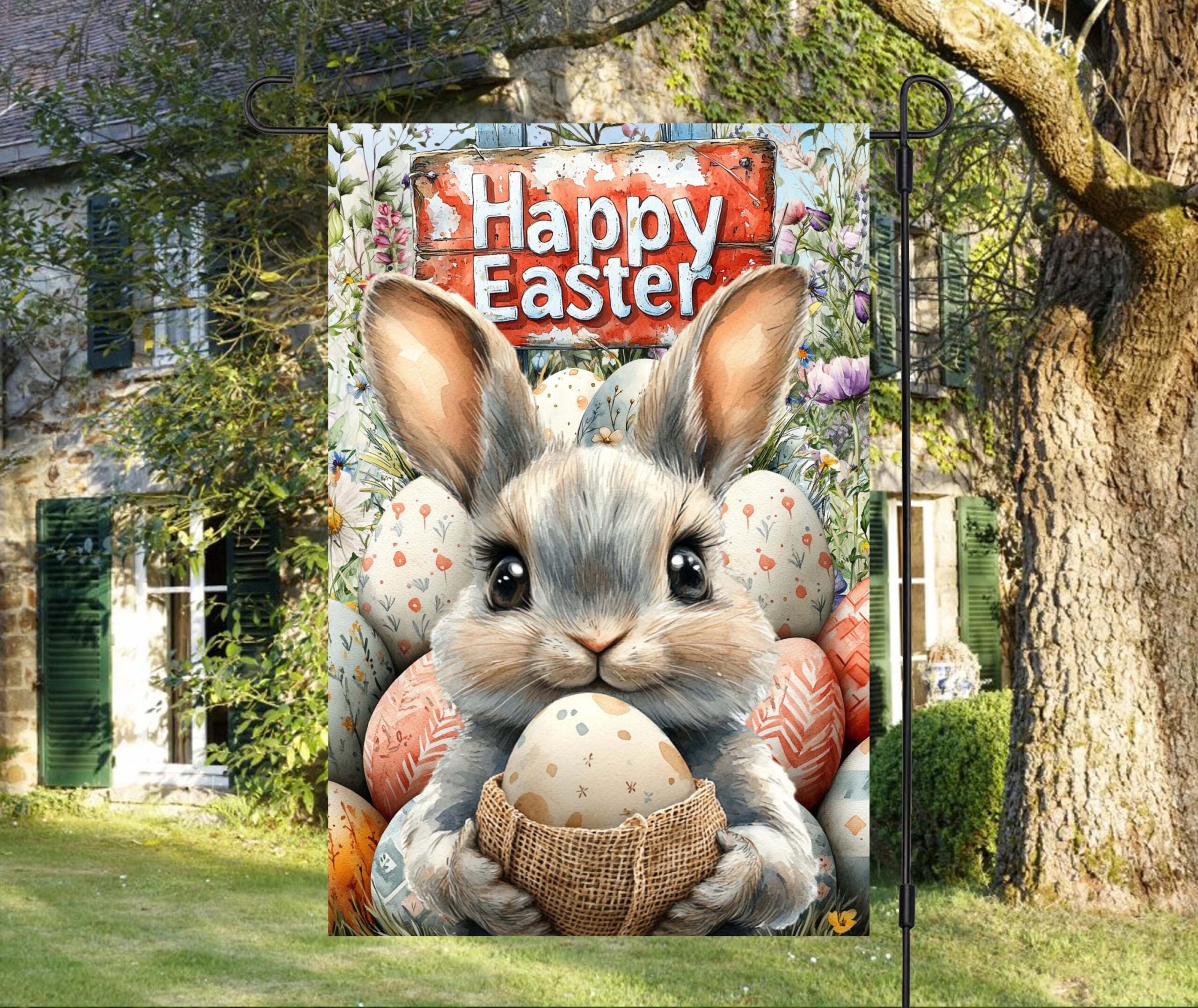 Happy Easter Bunny Garden Flag - Spring Celebration Decor with Adorable Rabbit Theme Happy Easter Bunny Garden Flag - Spring Celebration Decor with Adorable Rabbit Theme