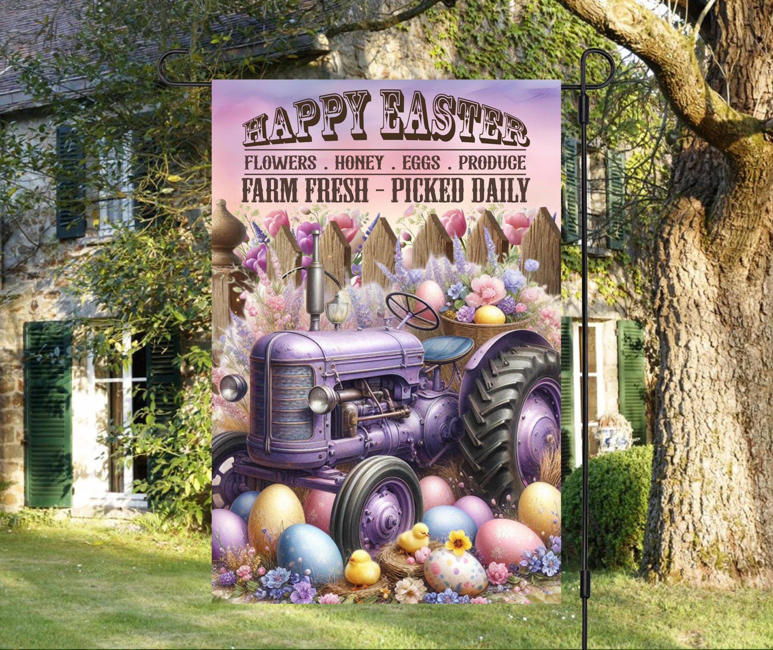 Happy Easter Farm Tractor Gardren Flag - Rustic Spring Charm with Farmhouse Easter Vibes Happy Easter Farm Tractor Gardren Flag - Rustic Spring Charm with Farmhouse Easter Vibes