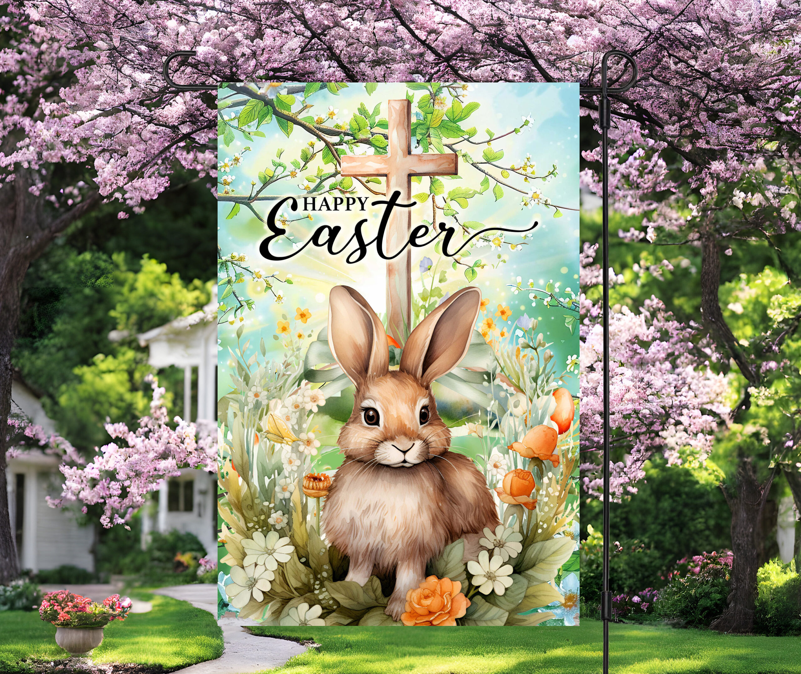 Happy Easter Floral Bunny Garden Flag #102 - Charming Spring Display with Bunny and Flowers Happy Easter Floral Bunny Garden Flag #102 - Charming Spring Display with Bunny and Flowers