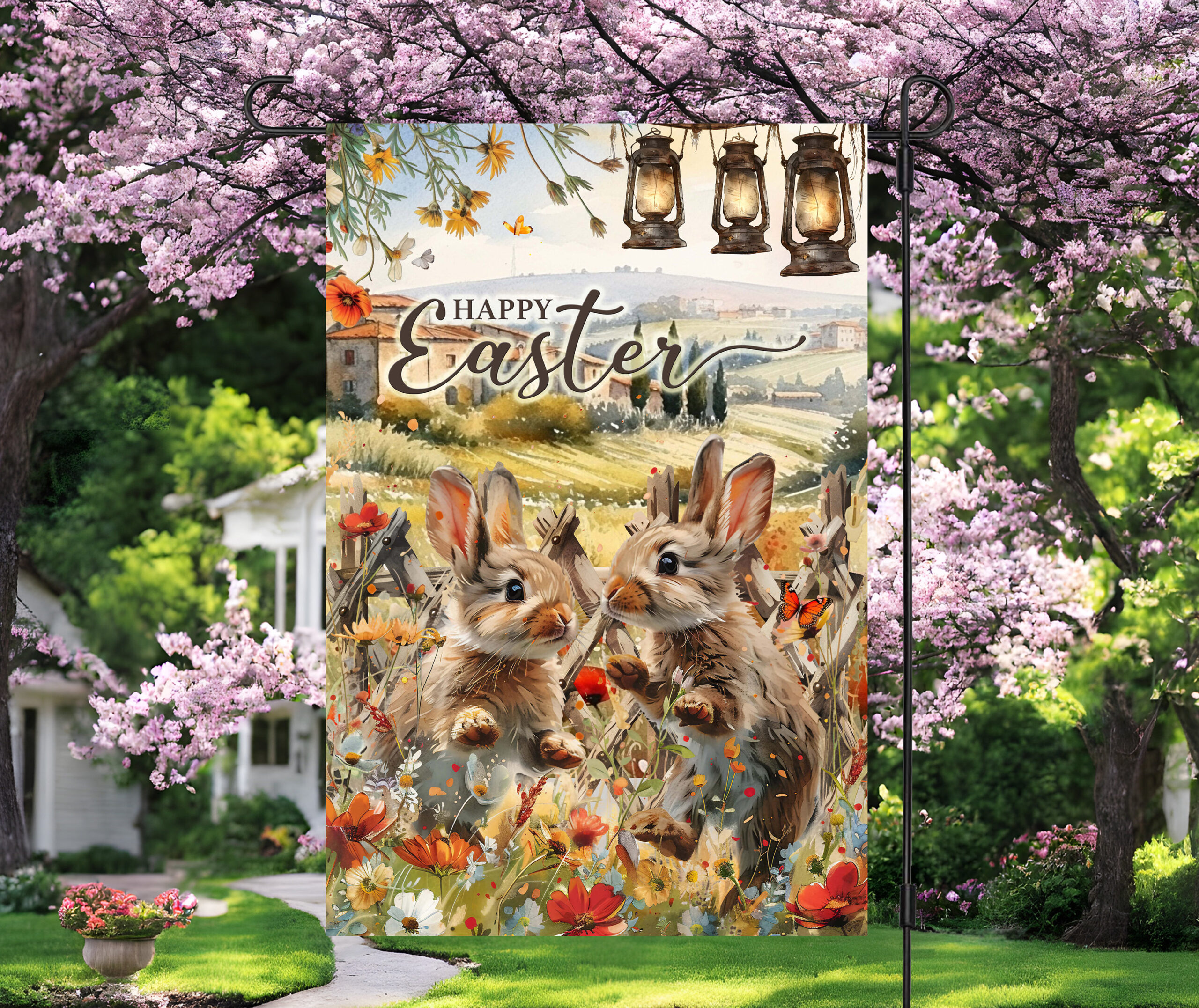 Happy Easter Floral Bunny Garden Flag - Cute Springtime Decor with Floral Rabbit Design Happy Easter Floral Bunny Garden Flag - Cute Springtime Decor with Floral Rabbit Design