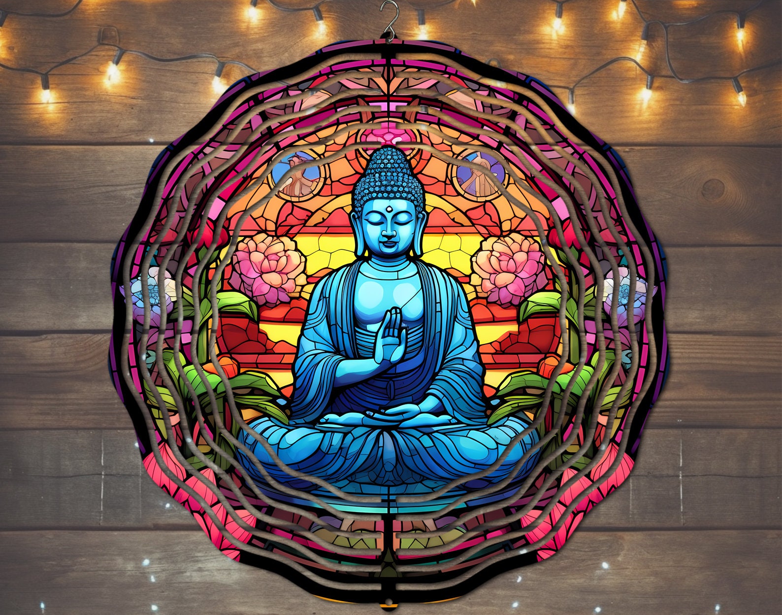 Stained Glass Buddha Wind Spinner #101 - Charming Outdoor Decor for Meditation Spaces Stained Glass Buddha Wind Spinner #101 - Charming Outdoor Decor for Meditation Spaces