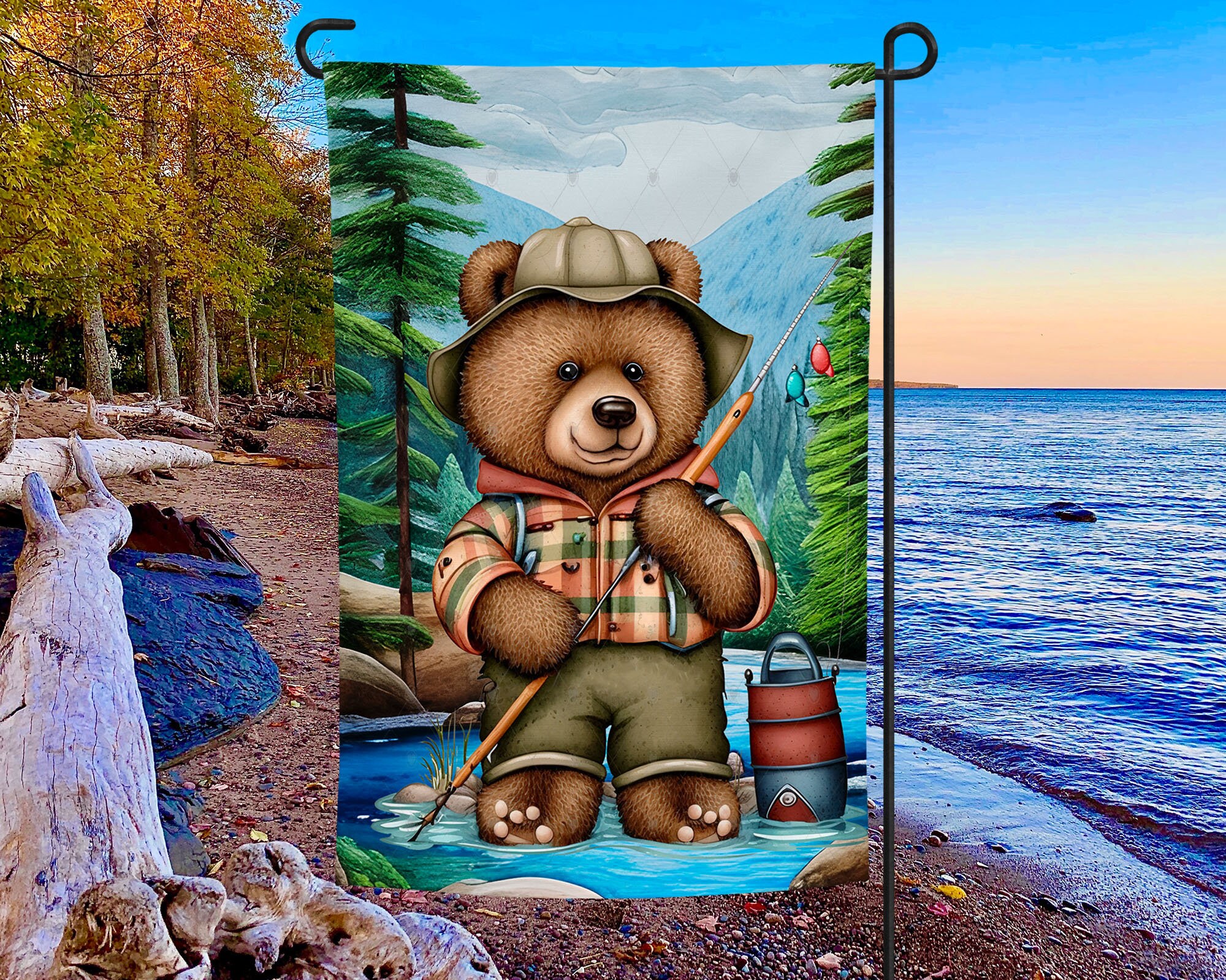 Bear Fishing Garden Flag - Cute Camp Outdoor Adventure Bear Fishing Garden Flag - Cute Camp Outdoor Adventure