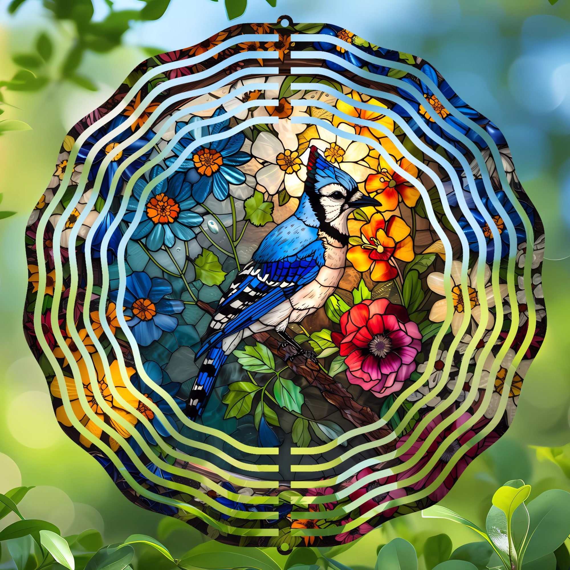 Bluebird Wind Spinner - Stained Glass Floral Art for Bird Watchers and Charming Outdoor Aviaries Bluebird Wind Spinner - Stained Glass Floral Art for Bird Watchers and Charming Outdoor Aviaries