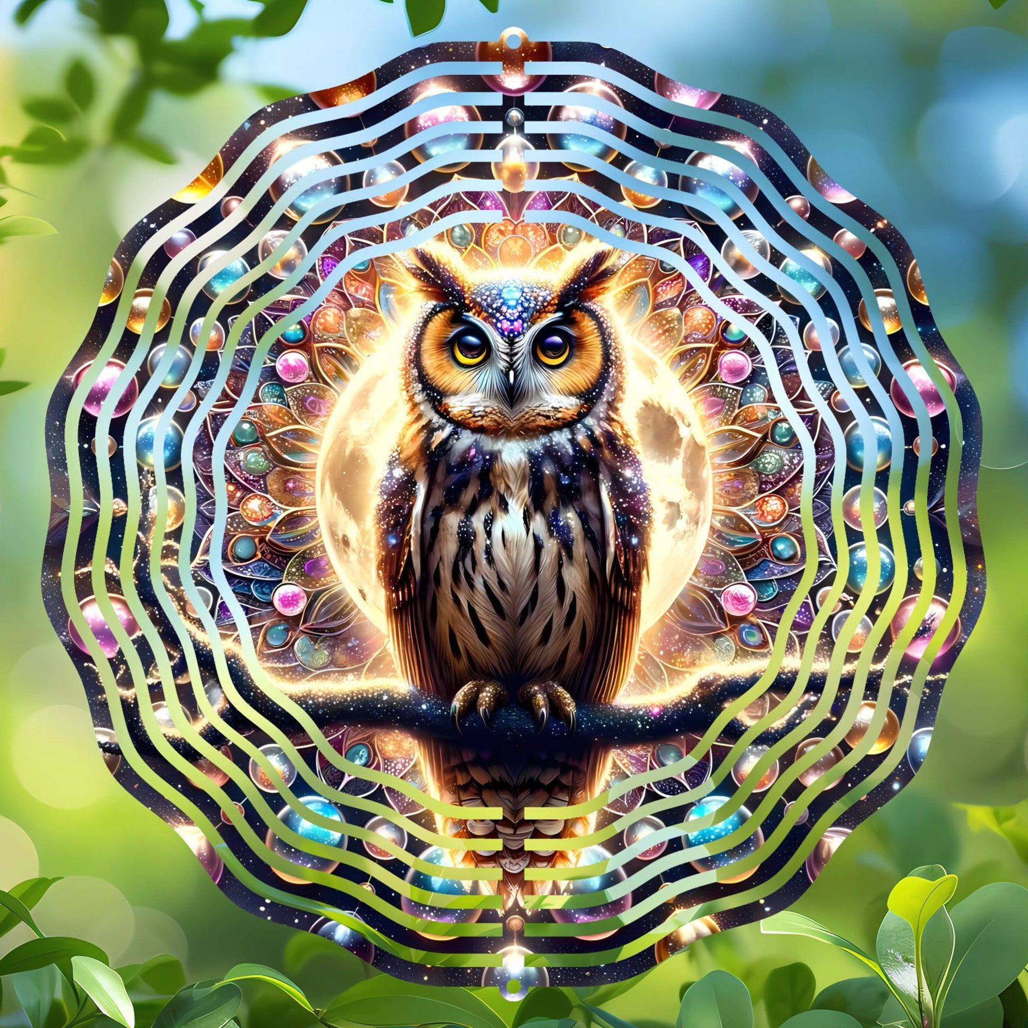 Celestial Owl Wind Spinner - Mystic Decor for Fantasy Night Gardens and Serene Outdoor Patio Areas Celestial Owl Wind Spinner - Mystic Decor for Fantasy Night Gardens and Serene Outdoor Patio Areas