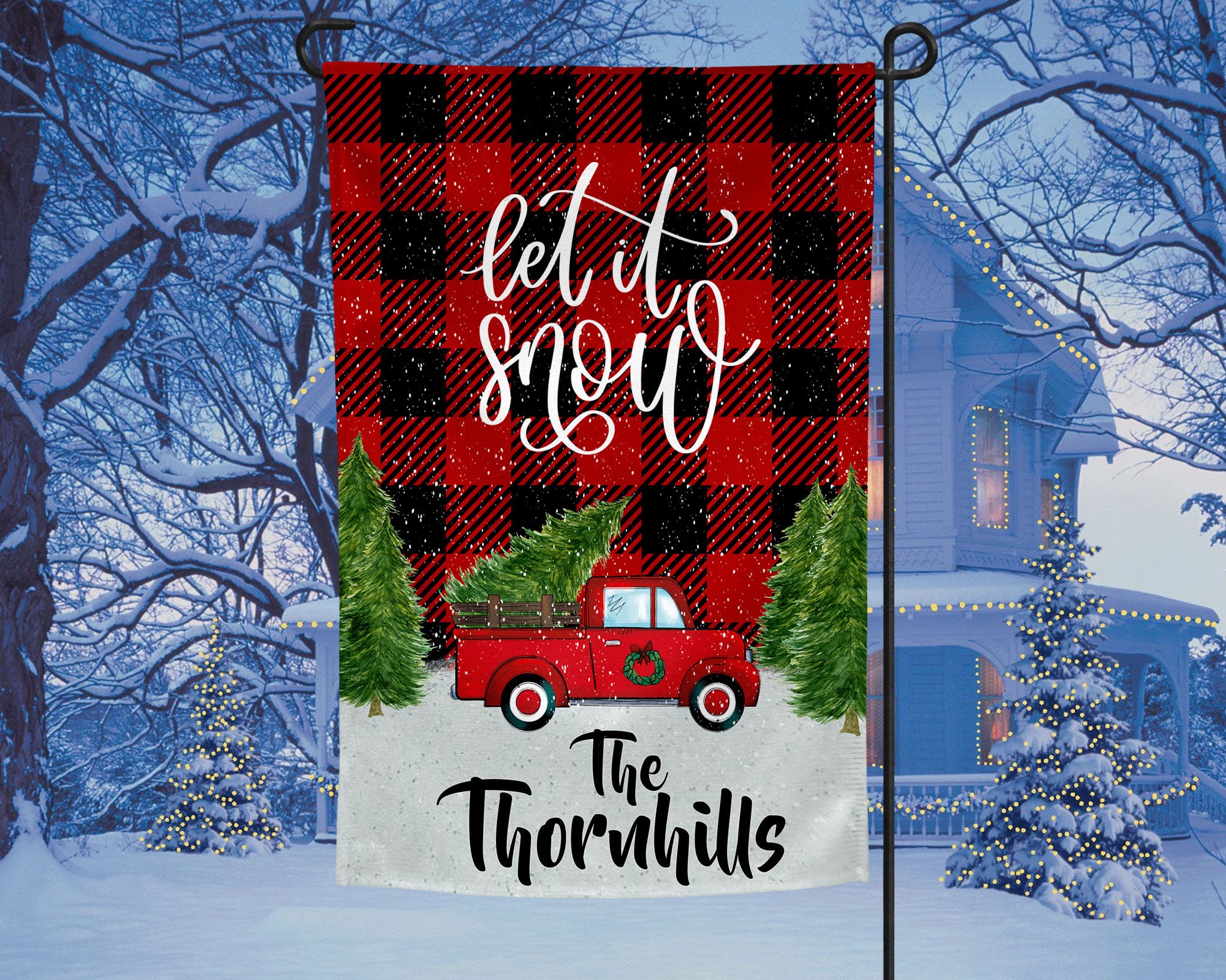 Christmas Red Truck Garden Flag - Let It Snow Buffalo Plaid Charm Christmas Red Truck Garden Flag - Let It Snow Buffalo Plaid Charm