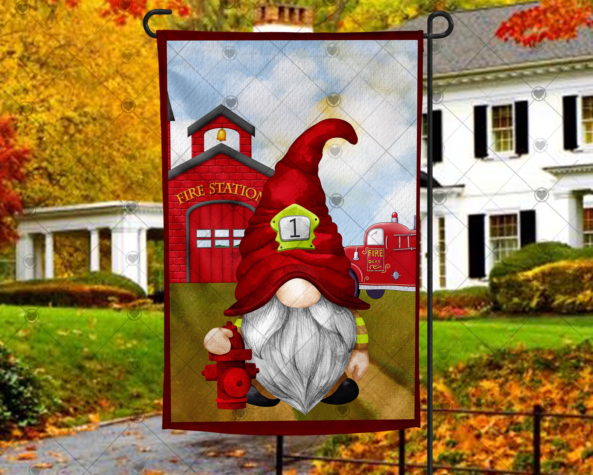 Fireman Gnome Garden Flag - Truck Welcome Heroic Charm Fireman Gnome Garden Flag - Truck Welcome Heroic Charm