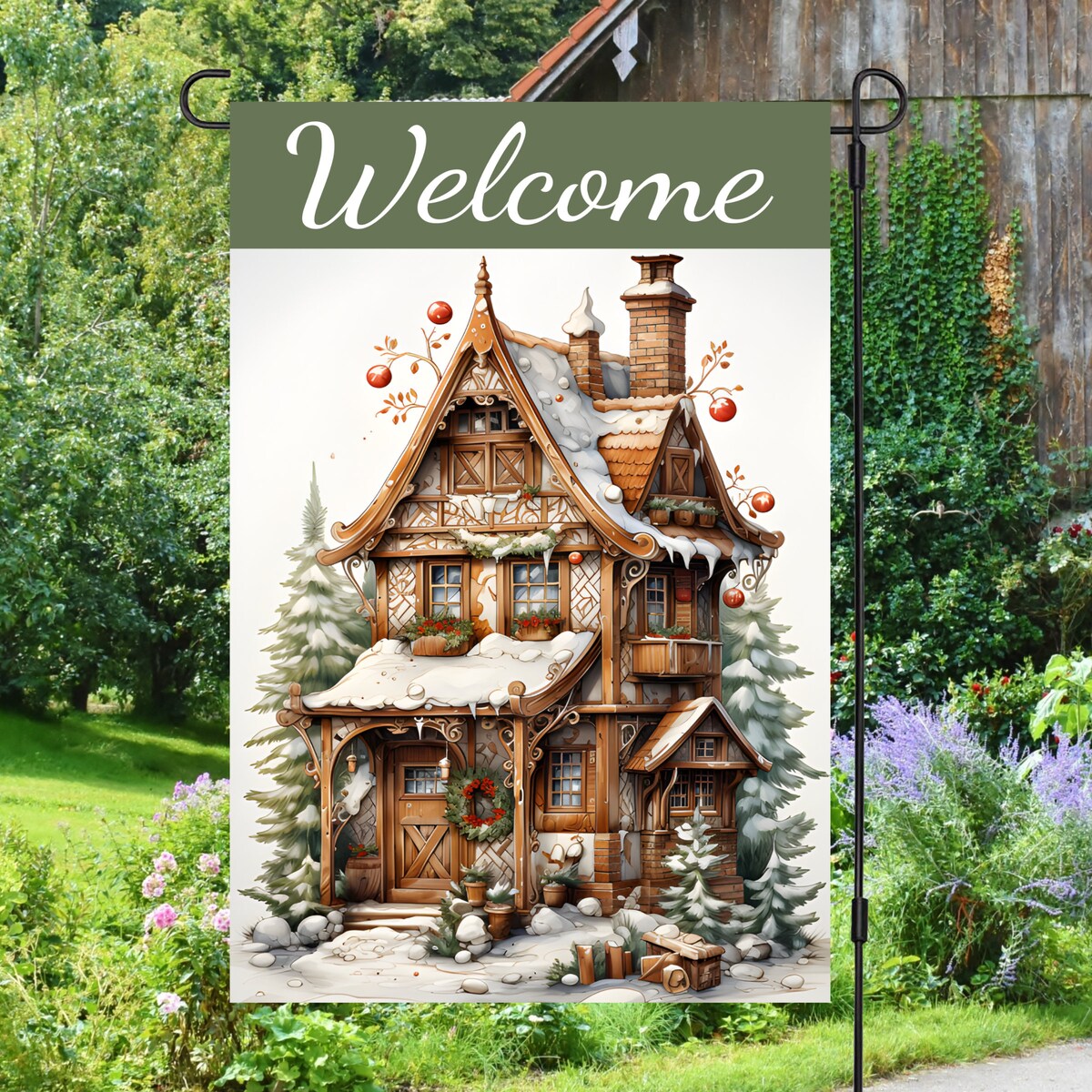 Gingerbread House Christmas Time Welcome Garden Flag - Festive Charm for Holiday Displays Gingerbread House Christmas Time Welcome Garden Flag - Festive Charm for Holiday Displays