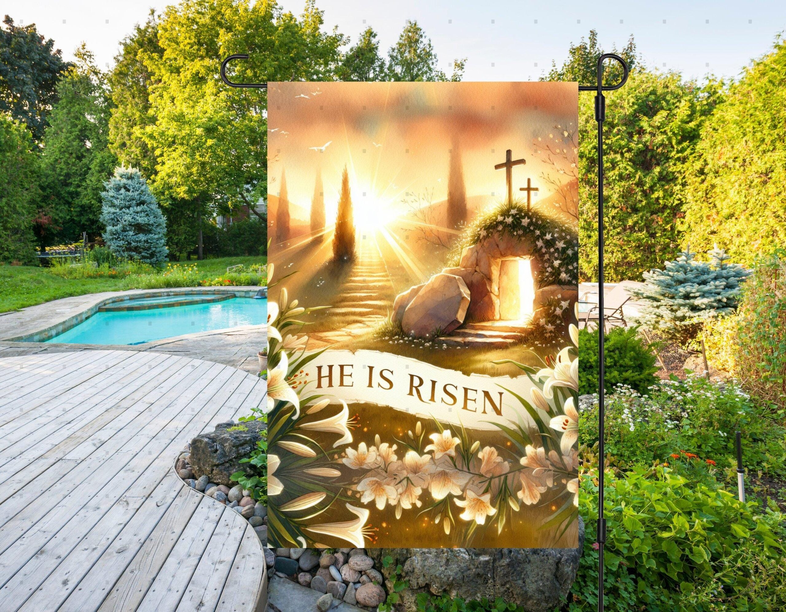 He is Risen Easter Garden Flag with Christian Cross Spring - Weather-Resistant Spiritual Yard Display He is Risen Easter Garden Flag with Christian Cross Spring - Weather-Resistant Spiritual Yard Display