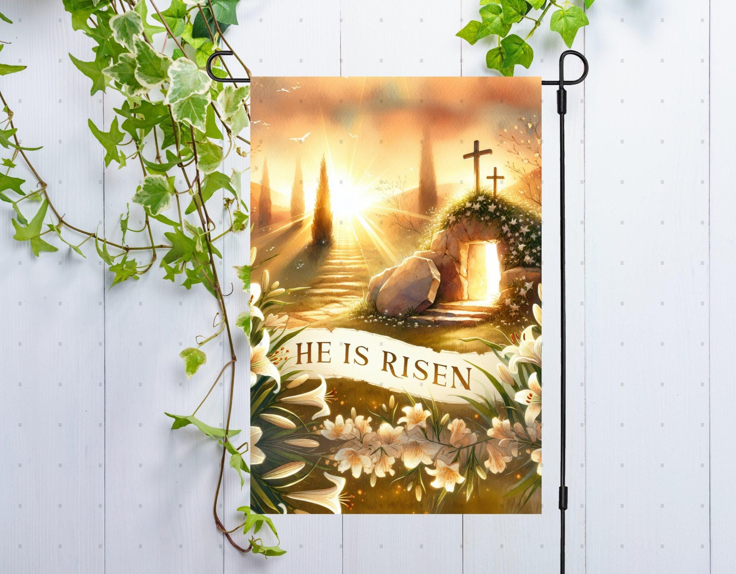 He is Risen Easter Garden Flag with Christian Cross Spring - Weather-Resistant Spiritual Yard Display He is Risen Easter Garden Flag with Christian Cross Spring - Weather-Resistant Spiritual Yard Display