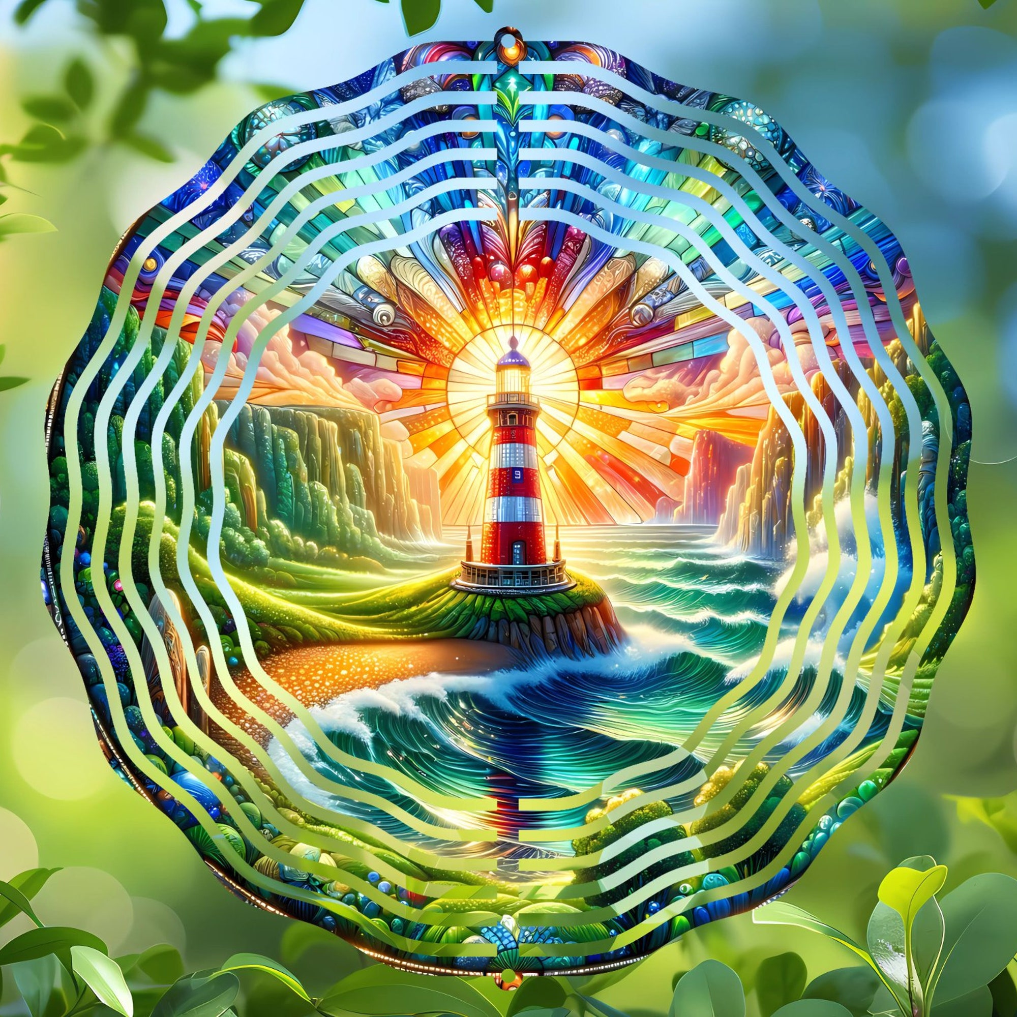 Lighthouse Wind Spinner - Stained Glass Coastal Decor for Homes and Serene Maritime Outdoor Spaces Lighthouse Wind Spinner - Stained Glass Coastal Decor for Homes and Serene Maritime Outdoor Spaces