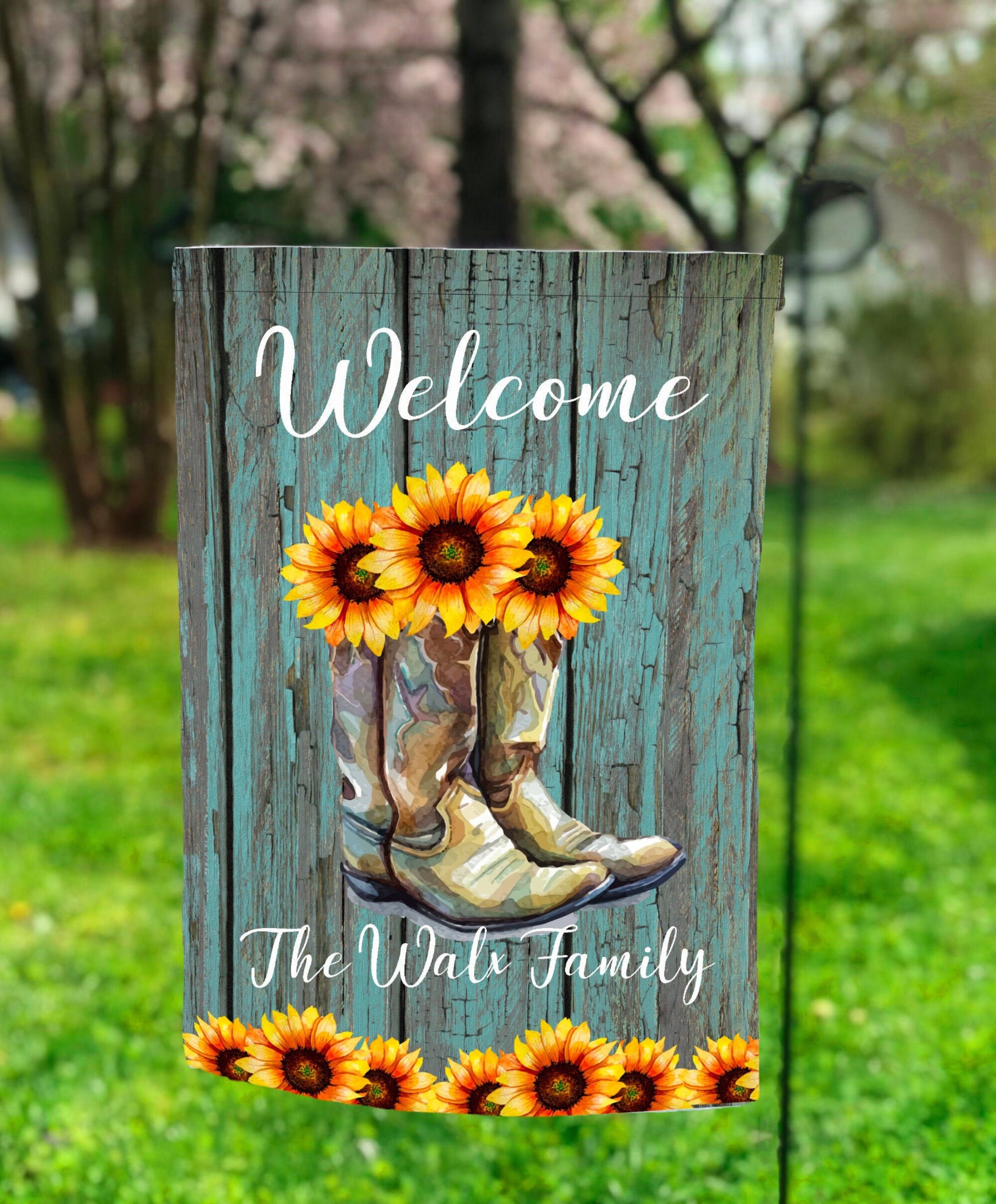 Personalized Sunflower and Boots Fall Garden Flag - Rustic Autumn Patio Charm Personalized Sunflower and Boots Fall Garden Flag - Rustic Autumn Patio Charm