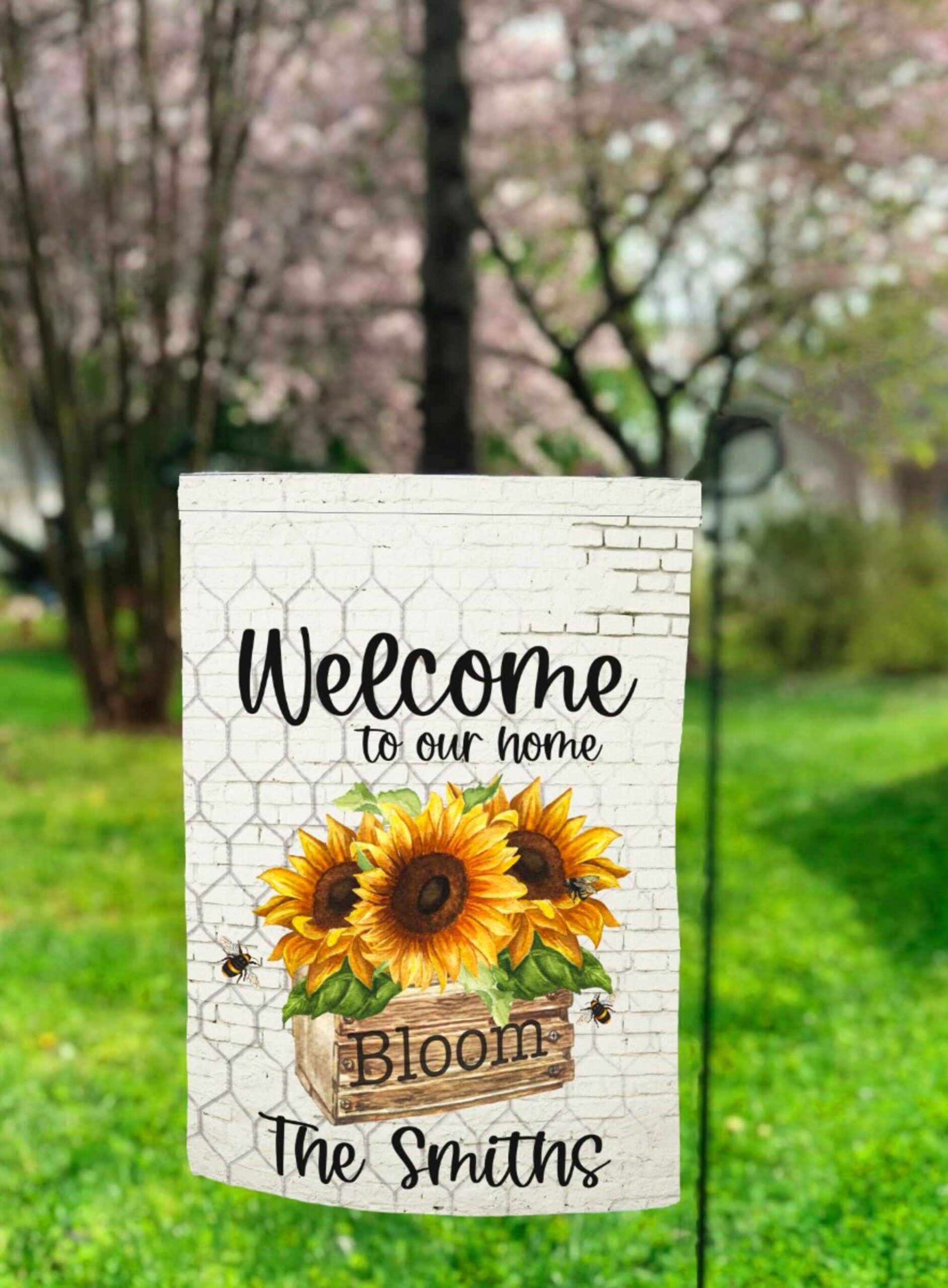Personalized Sunflower Crate Summer Garden Flag - Bright Farmyard Patio Glow Personalized Sunflower Crate Summer Garden Flag - Bright Farmyard Patio Glow