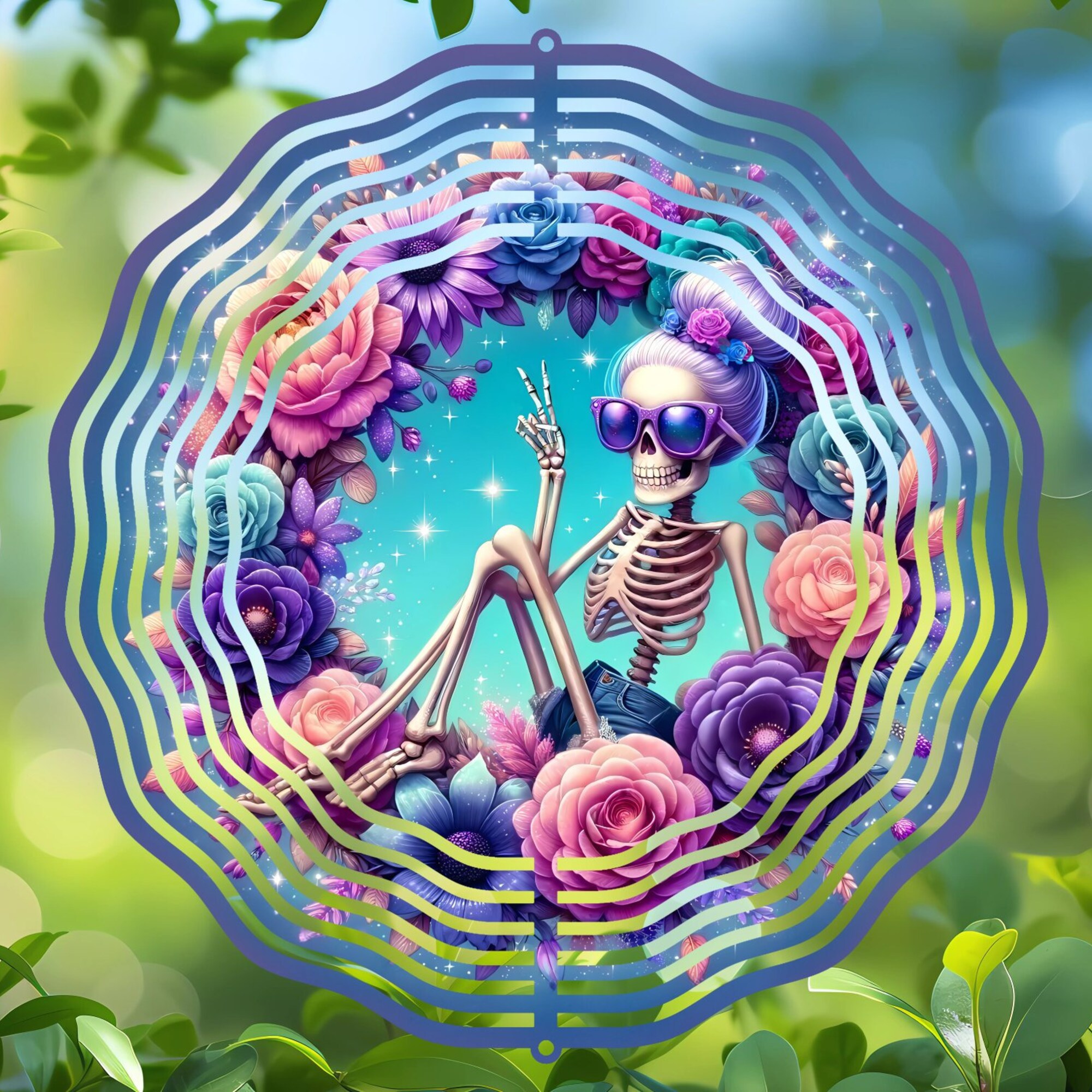 Whimsical Skeleton Wind Spinner - Floral Peace Decor for Fun Gardens and Playful Halloween Festivities Whimsical Skeleton Wind Spinner - Floral Peace Decor for Fun Gardens and Playful Halloween Festivities