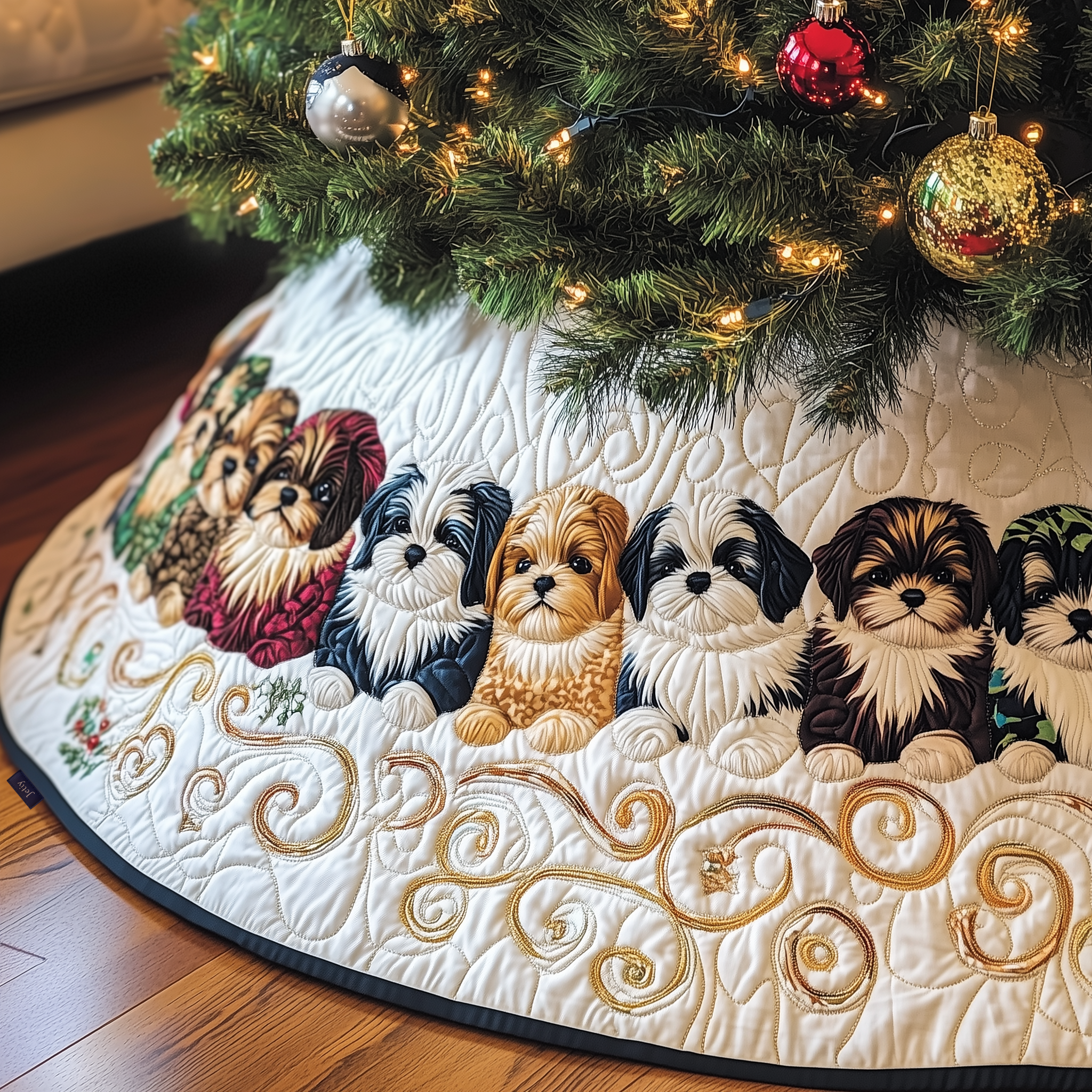 Adorable Christmas Shih Tzu Quilted Tree Skirt Feel the Warmth of Christmas with Protective Decor Adorable Christmas Shih Tzu Quilted Tree Skirt Feel the Warmth of Christmas with Protective Decor
