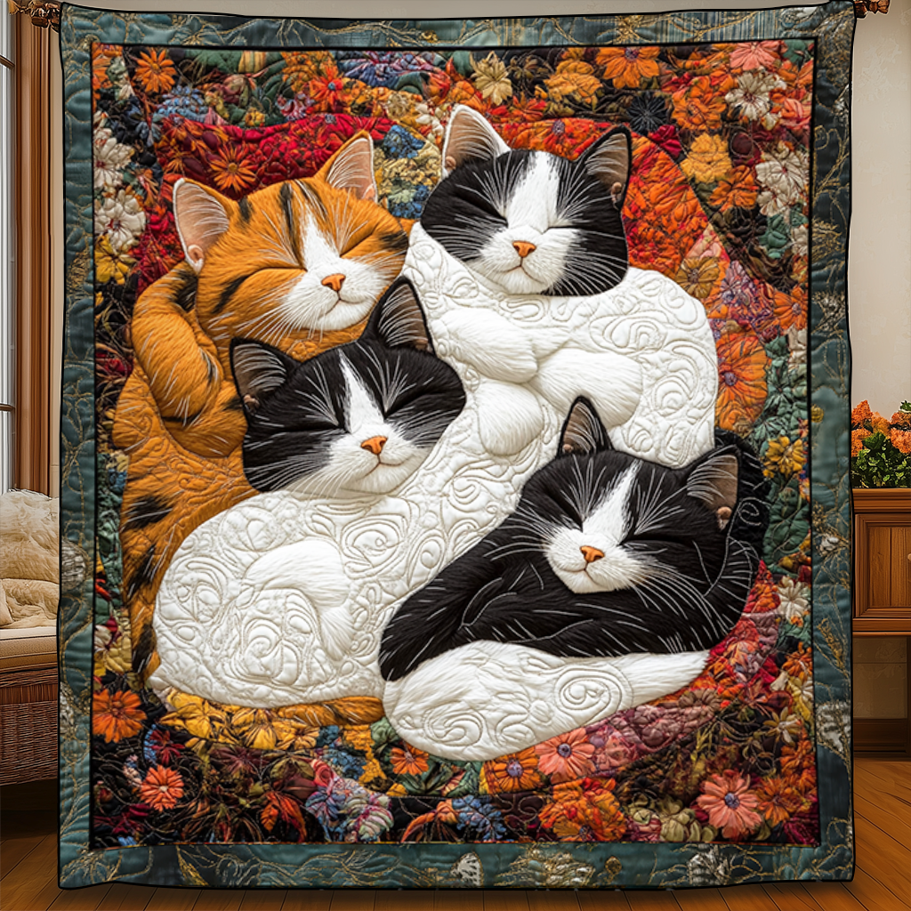 Adorable Cute Lazy Cat Floral Theme Quilted Blanket Feel Unique with a Blanket Made Just for You Adorable Cute Lazy Cat Floral Theme Quilted Blanket Feel Unique with a Blanket Made Just for You