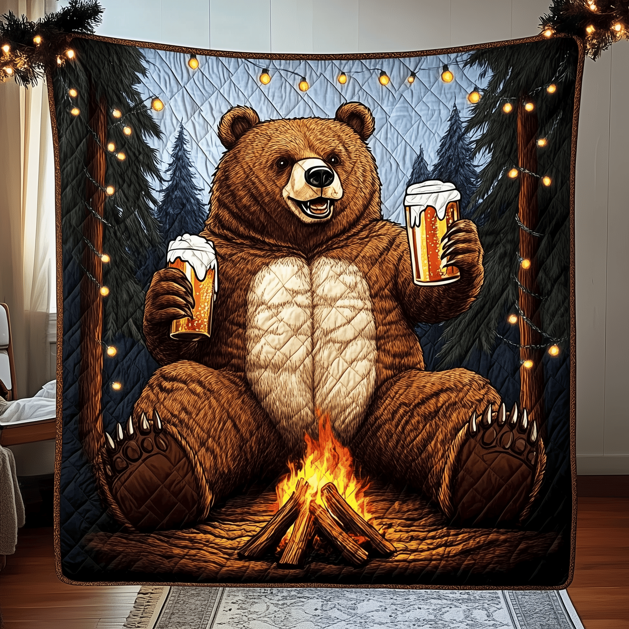 Bear Drinks Beer Camping Quilted Blanket Feel the Elegance of a Blanket That's Truly Yours Bear Drinks Beer Camping Quilted Blanket Feel the Elegance of a Blanket That's Truly Yours