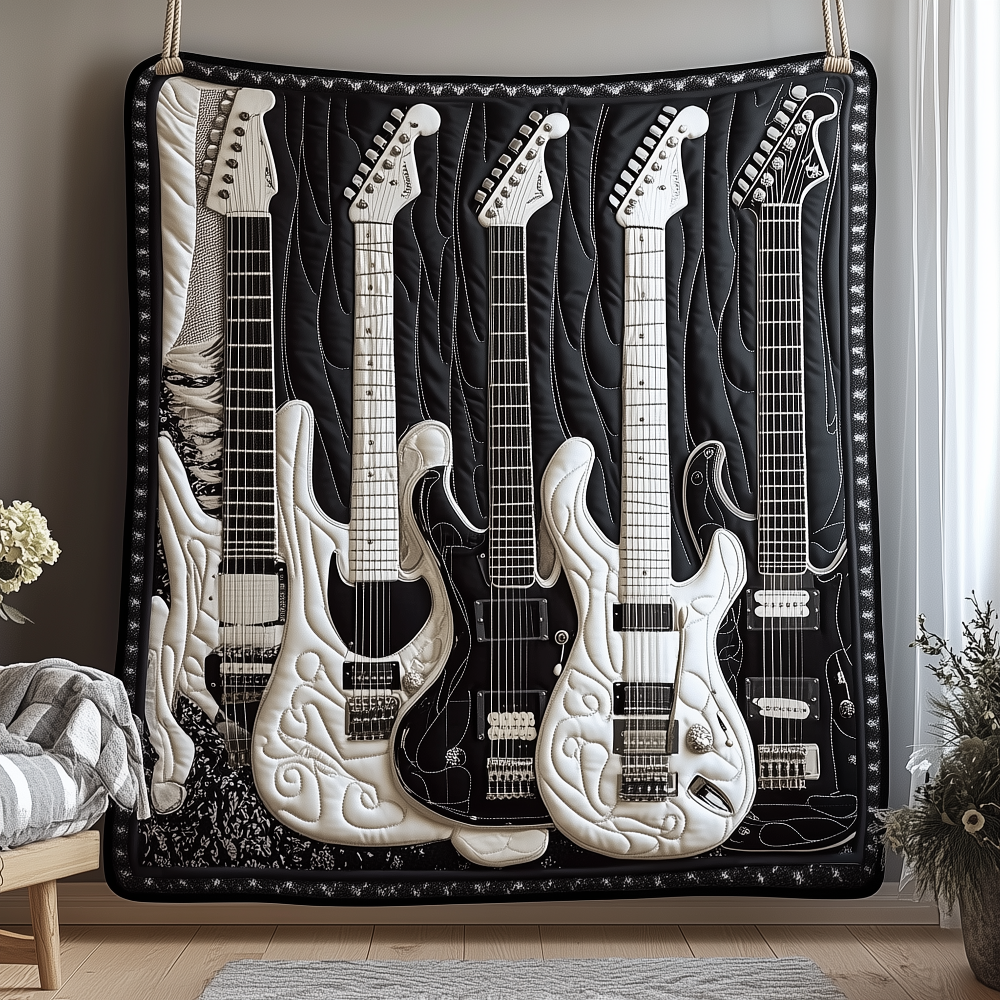 Black And White Guitar Quilted Blanket Best Throw Blanket Best Gifts For Guitar Lovers Black And White Guitar Quilted Blanket Best Throw Blanket Best Gifts For Guitar Lovers