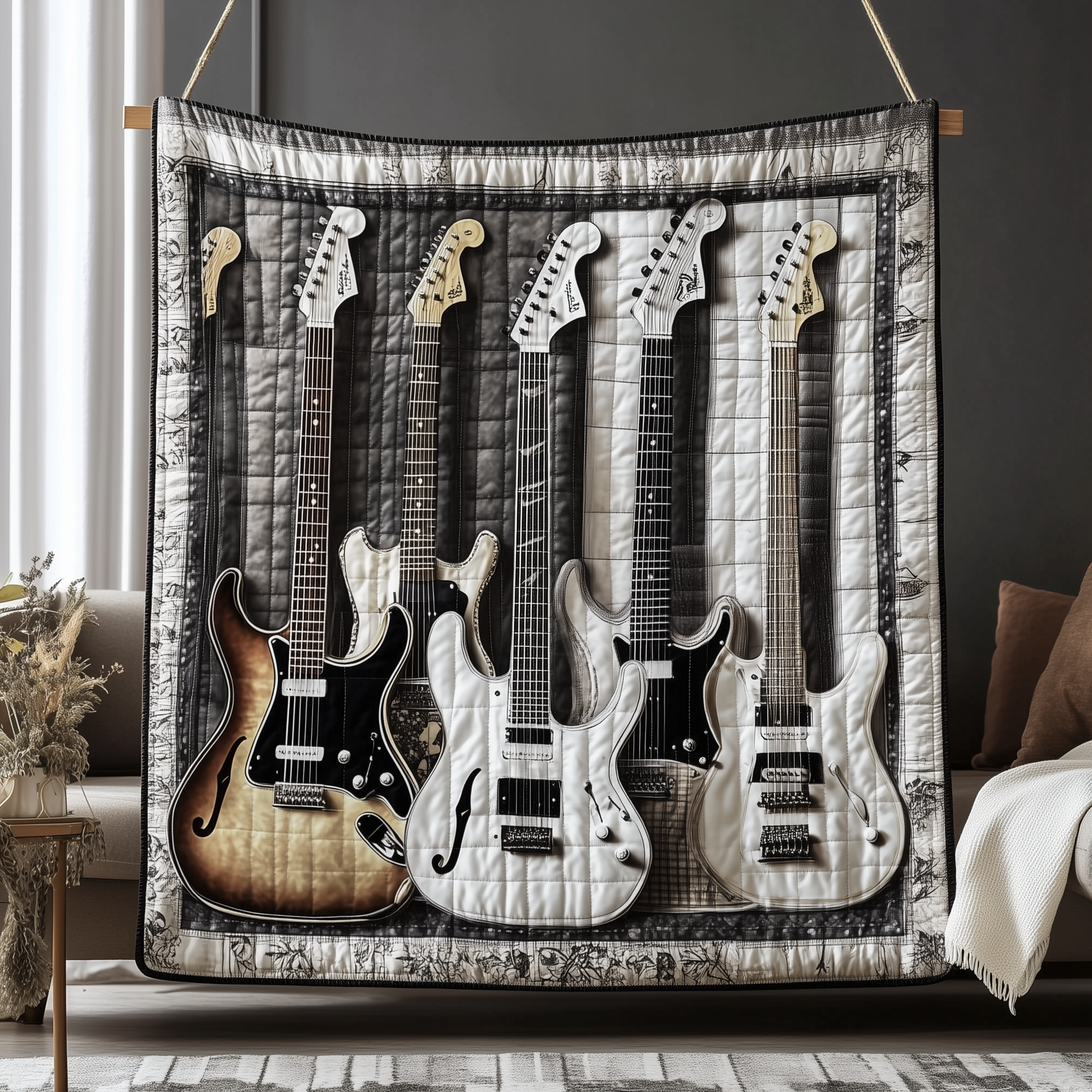 Black And White Guitar Quilted Blanket Best Throw Blanket Birthday Gifts For Guitar Players Black And White Guitar Quilted Blanket Best Throw Blanket Birthday Gifts For Guitar Players
