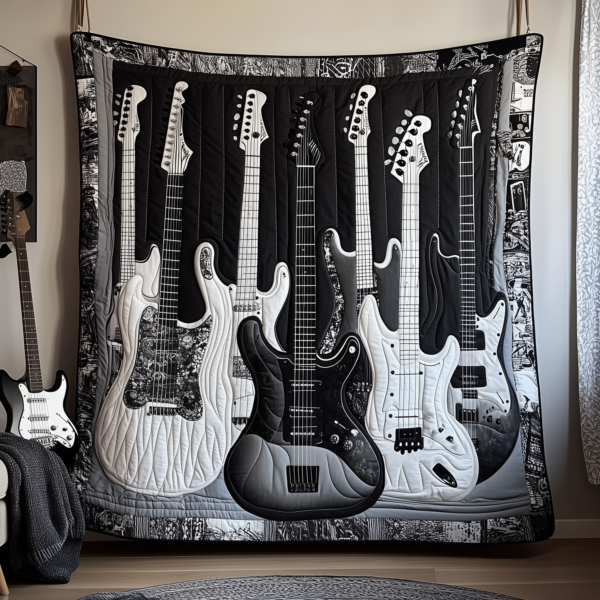 Black And White Guitar Quilted Blanket Best Throw Blanket Gifts For Guitar Enthusiasts Black And White Guitar Quilted Blanket Best Throw Blanket Gifts For Guitar Enthusiasts