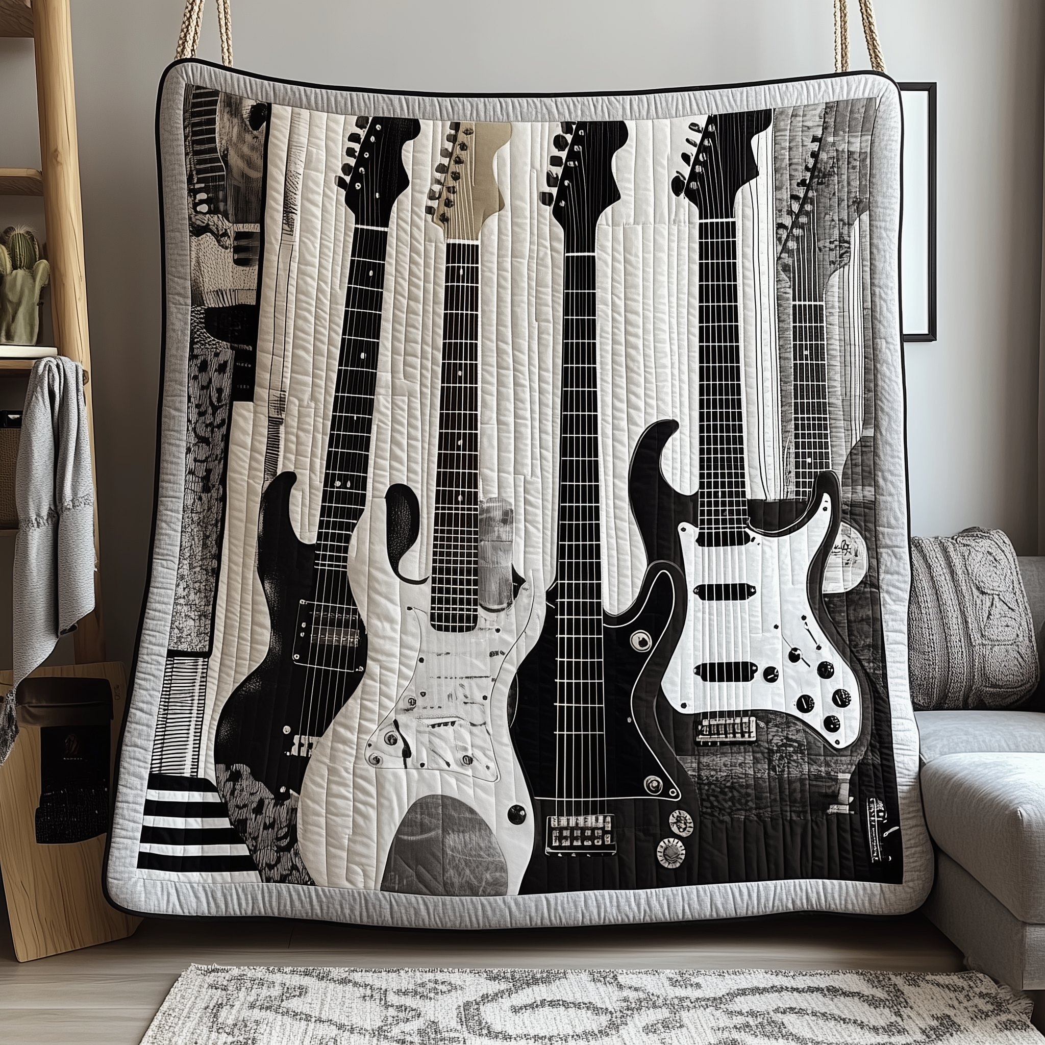 Black And White Guitar Quilted Blanket Best Throw Blanket Gifts For New Guitar Players Black And White Guitar Quilted Blanket Best Throw Blanket Gifts For New Guitar Players