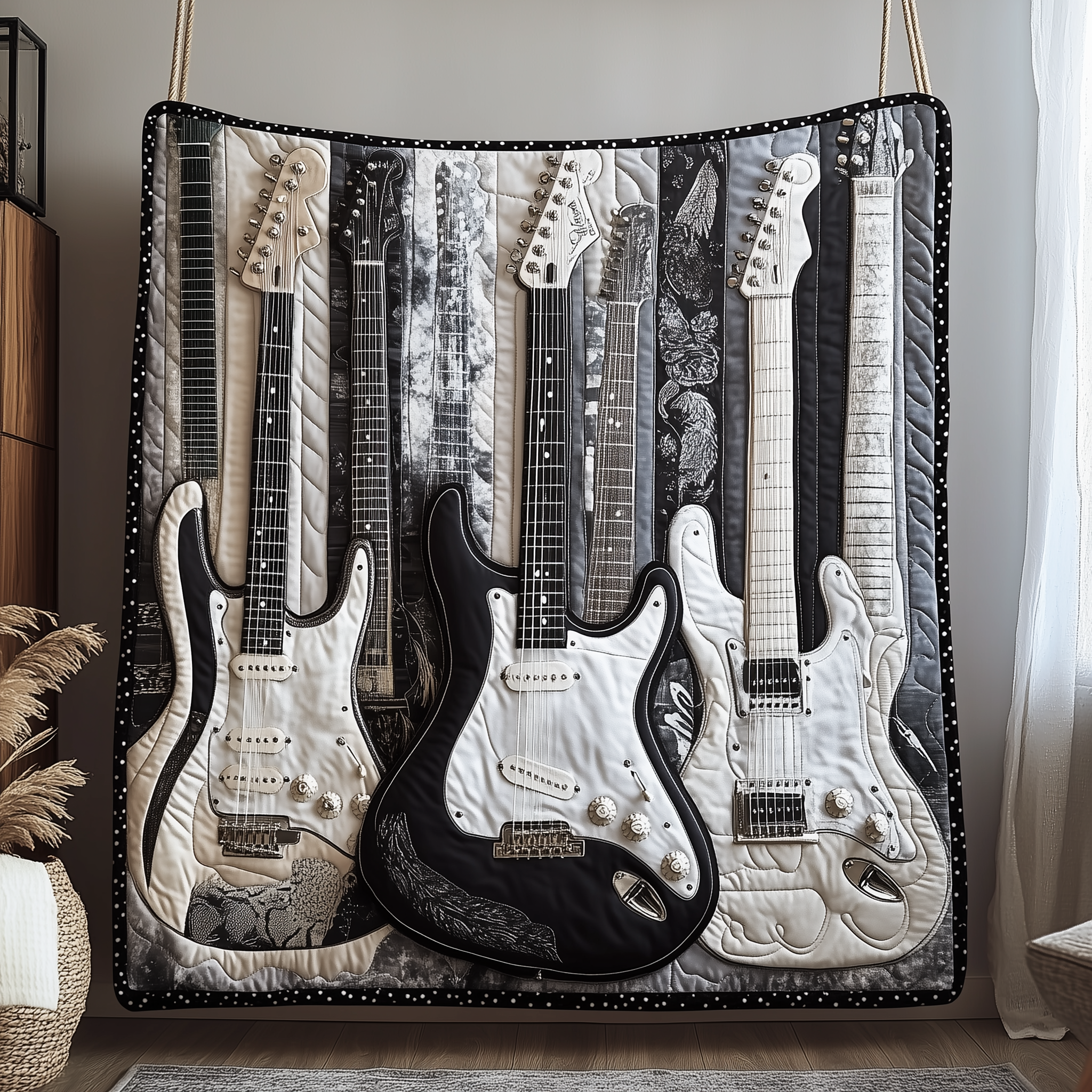 Black And White Guitar Quilted Blanket Best Throw Blanket Great Gifts For Guitar Players Black And White Guitar Quilted Blanket Best Throw Blanket Great Gifts For Guitar Players