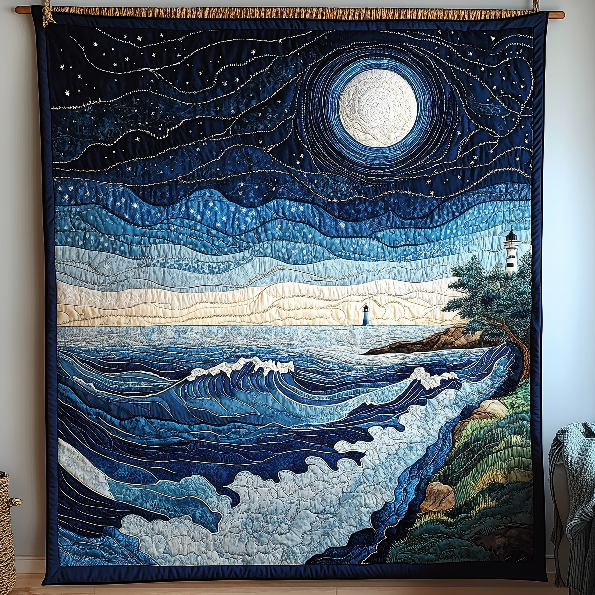 Blue Sea In Moonlight Quilted Blanket Best Throw Blanket Fathers Day Gift From Daughter Blue Sea In Moonlight Quilted Blanket Best Throw Blanket Fathers Day Gift From Daughter
