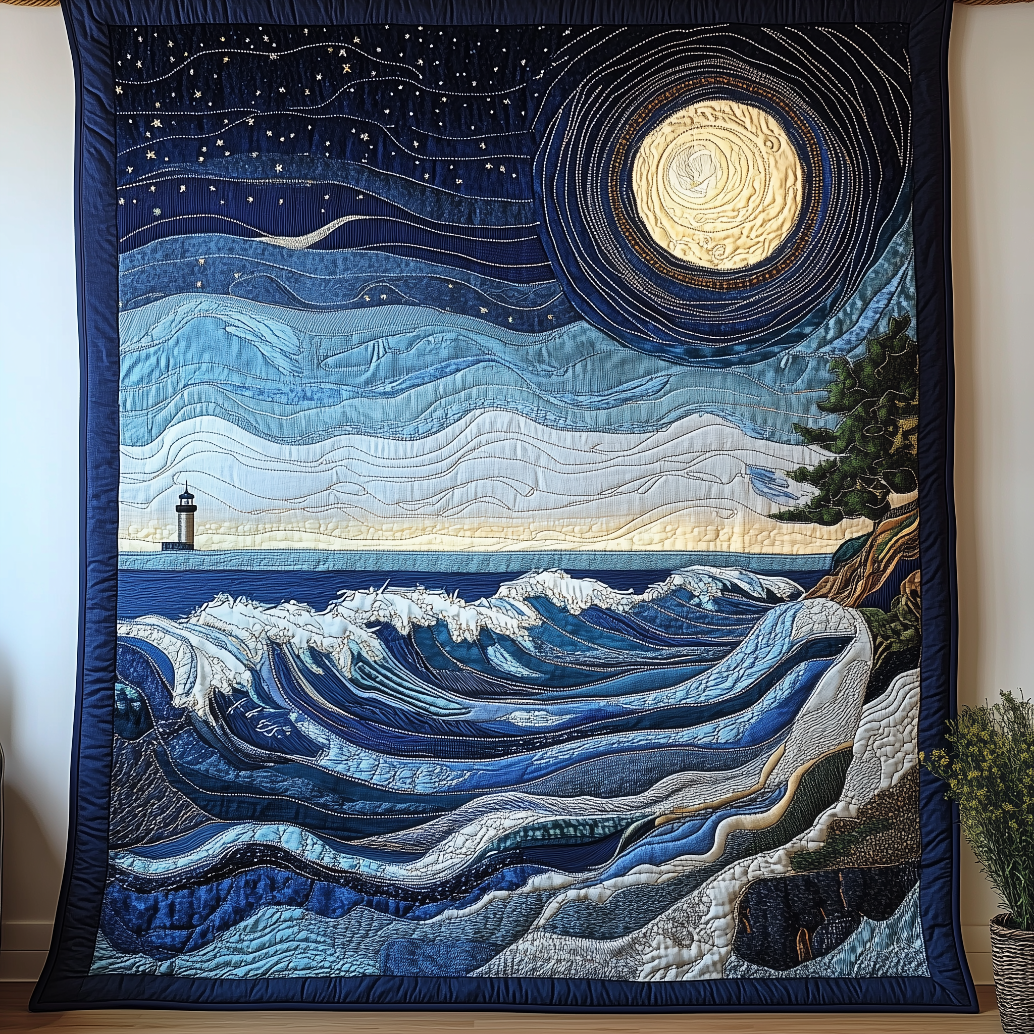Blue Sea In Moonlight Quilted Blanket Best Throw Blanket Good Gifts For Dads Blue Sea In Moonlight Quilted Blanket Best Throw Blanket Good Gifts For Dads