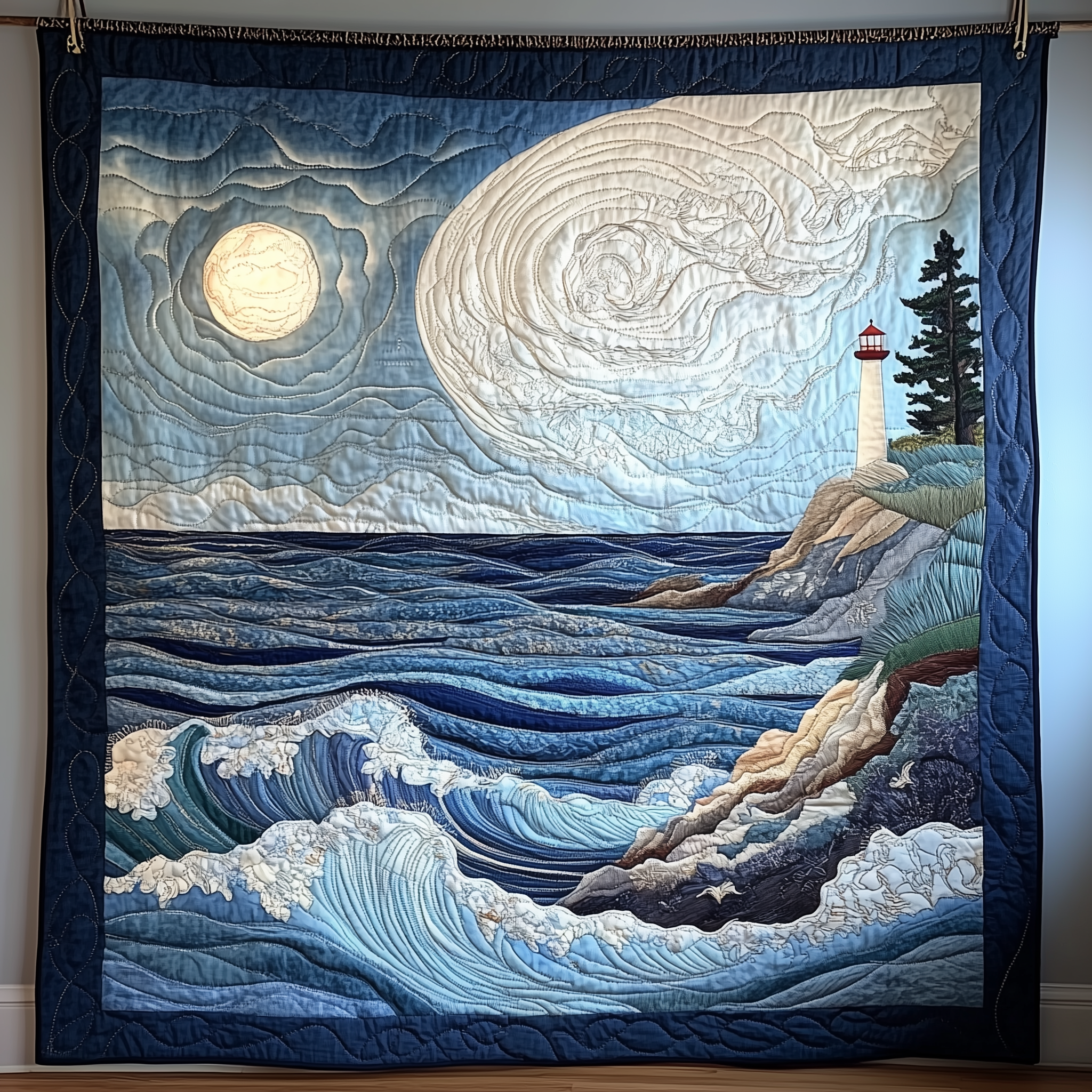 Blue Sea In Moonlight Quilted Blanket Best Throw Blanket Great Father's Day Gifts Blue Sea In Moonlight Quilted Blanket Best Throw Blanket Great Father's Day Gifts
