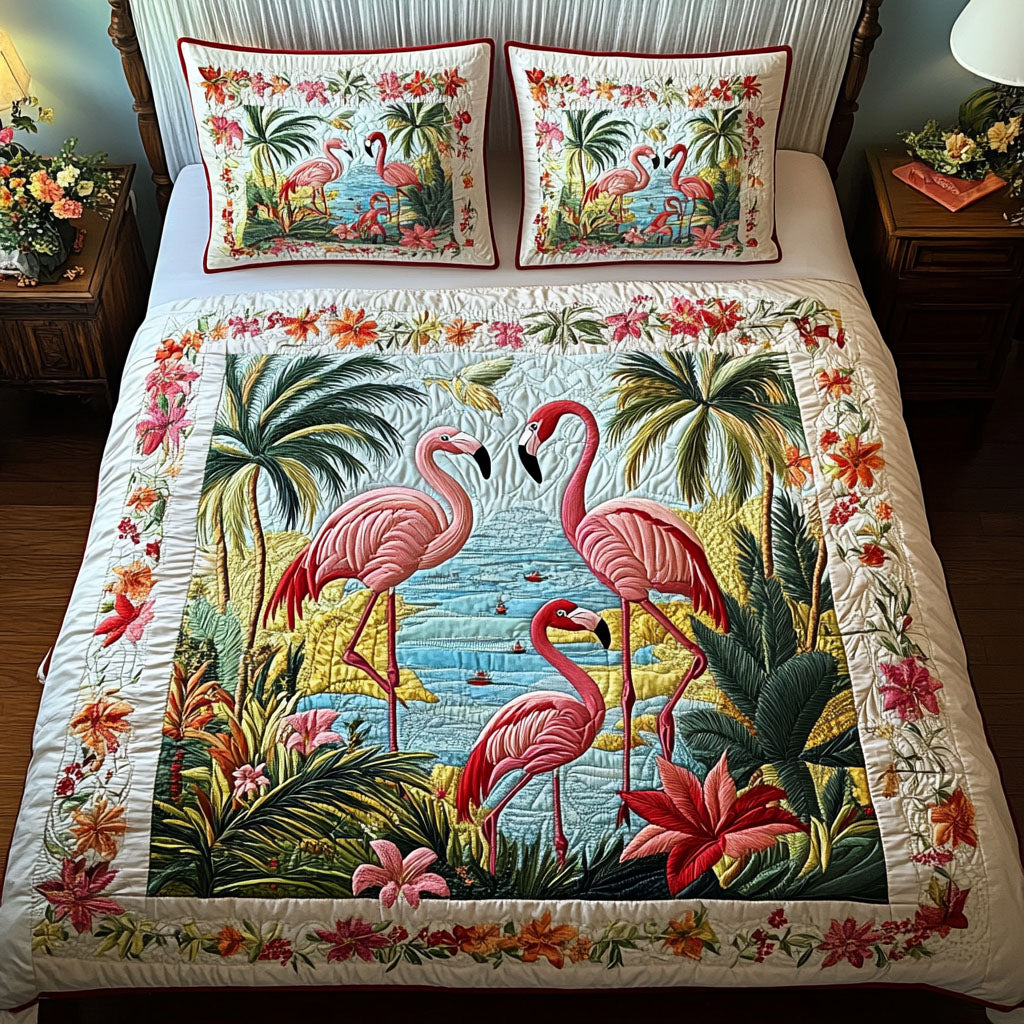 Blush Feathers Quilted Bedding Set Flamingo Theme Gifts Blush Feathers Quilted Bedding Set Flamingo Theme Gifts