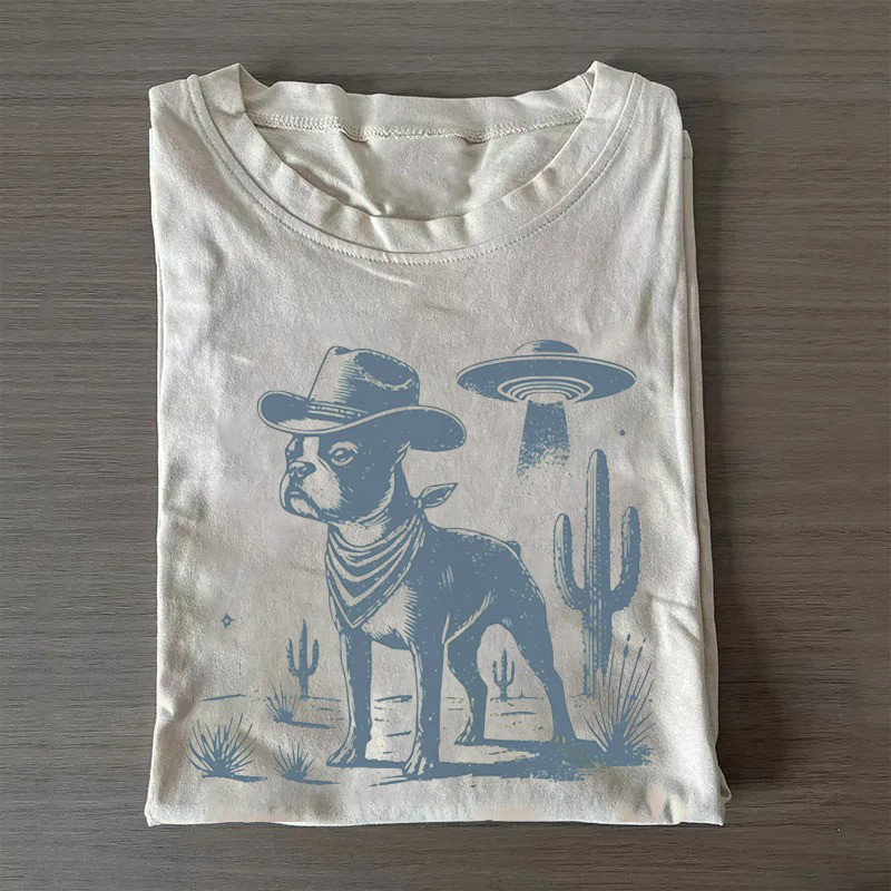 Boston Terrier Retro UFO Western T-shirt Father's Day Presents For Dad Ideas 2025 Boston Terrier Retro UFO Western T-shirt Father's Day Presents For Dad Ideas 2025