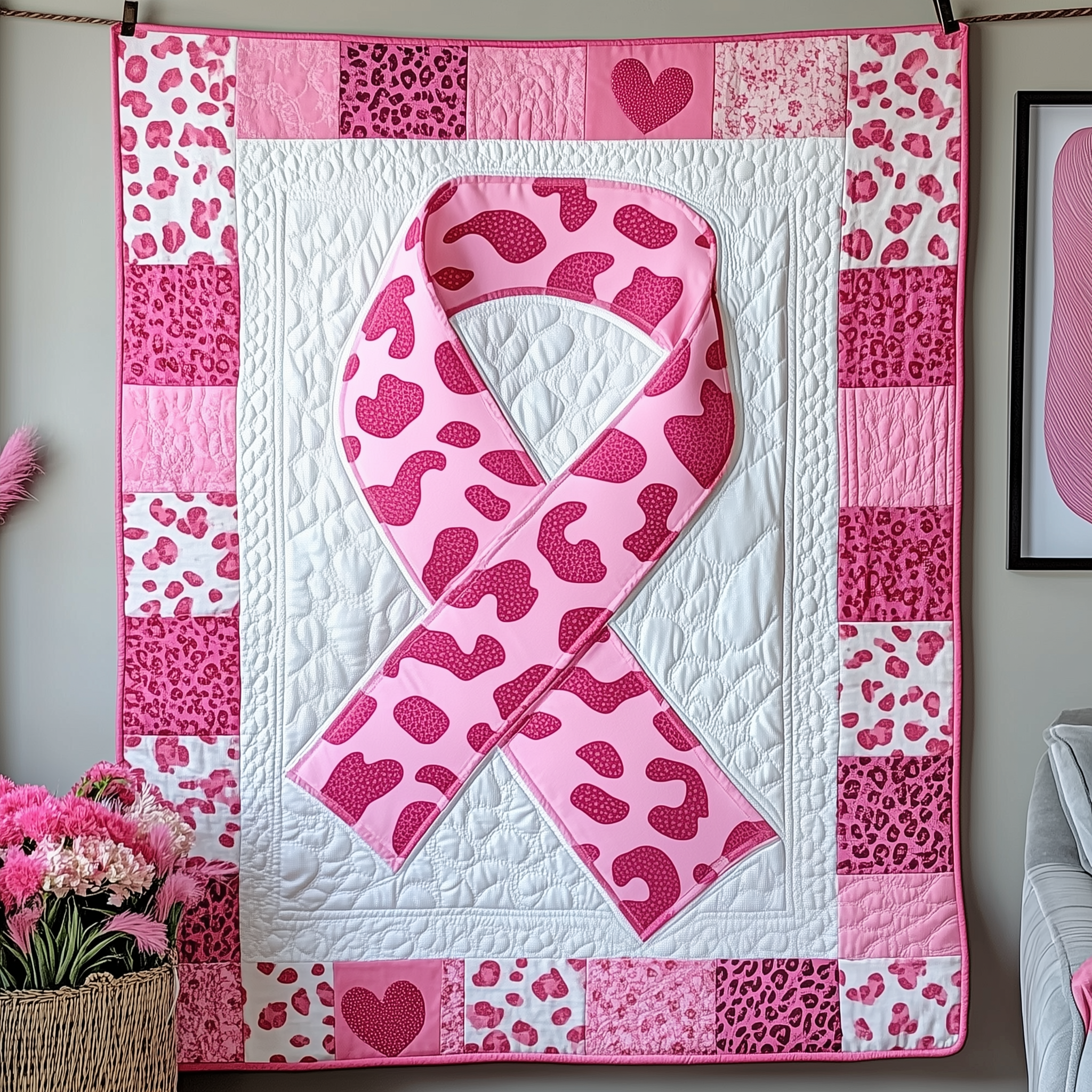 Breast Cancer Ribbon Quilted Blanket Unique Throw Blanket Item Merch Breast Cancer Recovery Gifts Breast Cancer Ribbon Quilted Blanket Unique Throw Blanket Item Merch Breast Cancer Recovery Gifts