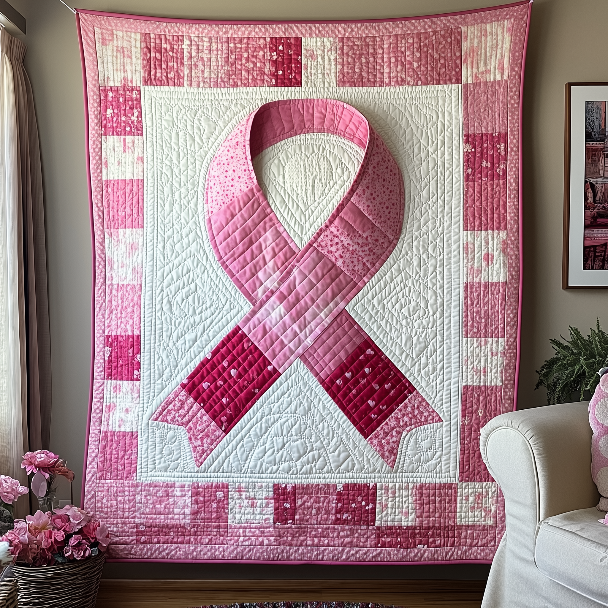 Breast Cancer Ribbon Quilted Blanket Unique Throw Blanket Item Merch Cancer Gift Baskets For Her Breast Cancer Ribbon Quilted Blanket Unique Throw Blanket Item Merch Cancer Gift Baskets For Her