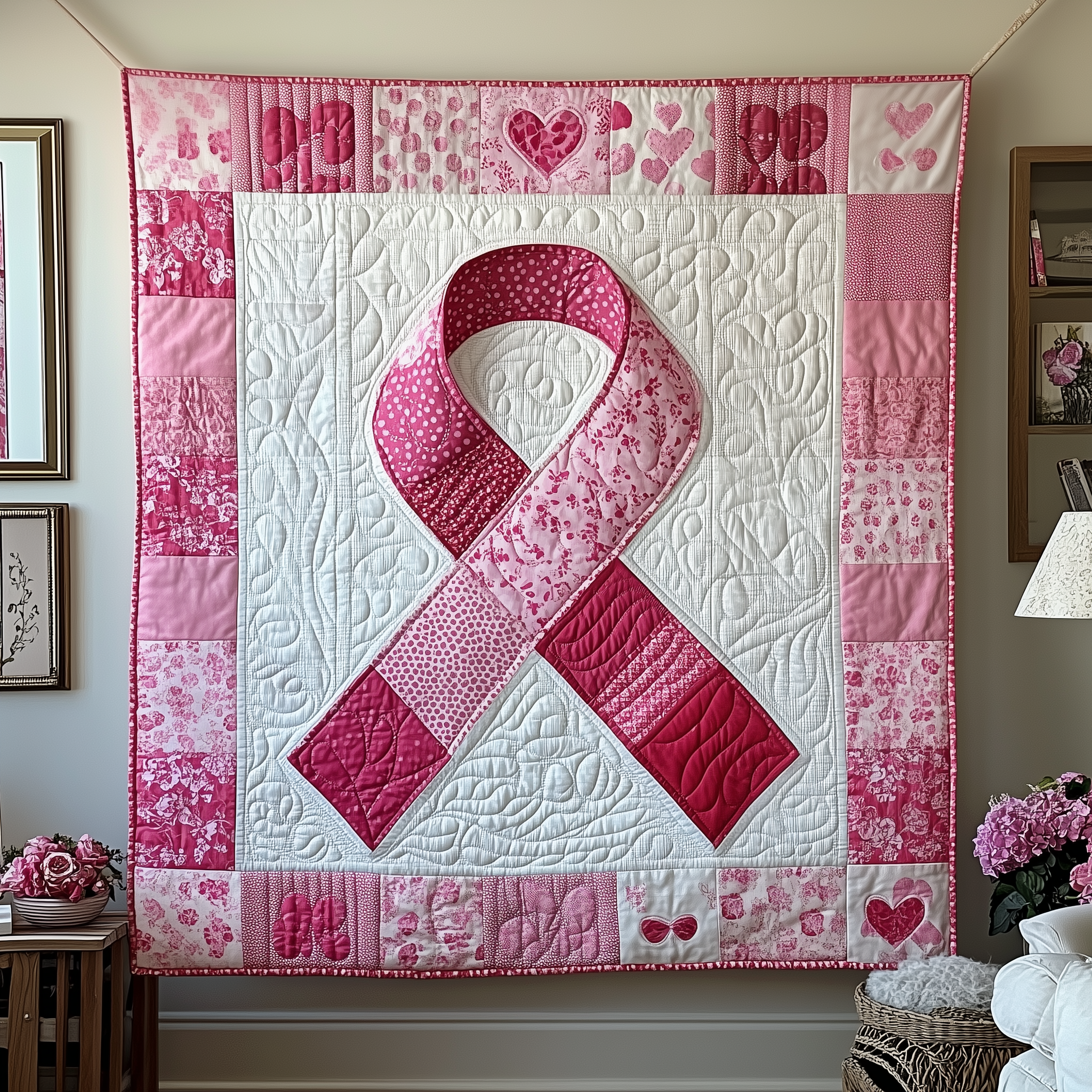 Breast Cancer Ribbon Quilted Blanket Unique Throw Blanket Item Merch Gift For Cancer Survivor Woman Breast Cancer Ribbon Quilted Blanket Unique Throw Blanket Item Merch Gift For Cancer Survivor Woman