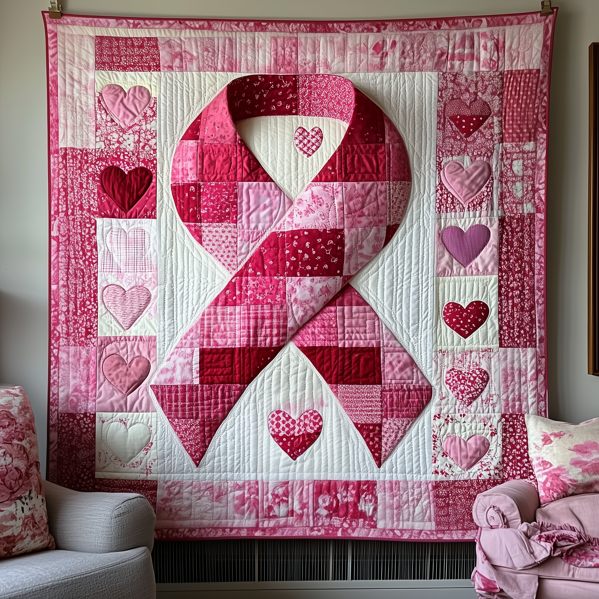 Breast Cancer Ribbon Quilted Blanket Unique Throw Blanket Item Merch Gift Ideas For Someone With Breast Cancer Breast Cancer Ribbon Quilted Blanket Unique Throw Blanket Item Merch Gift Ideas For Someone With Breast Cancer