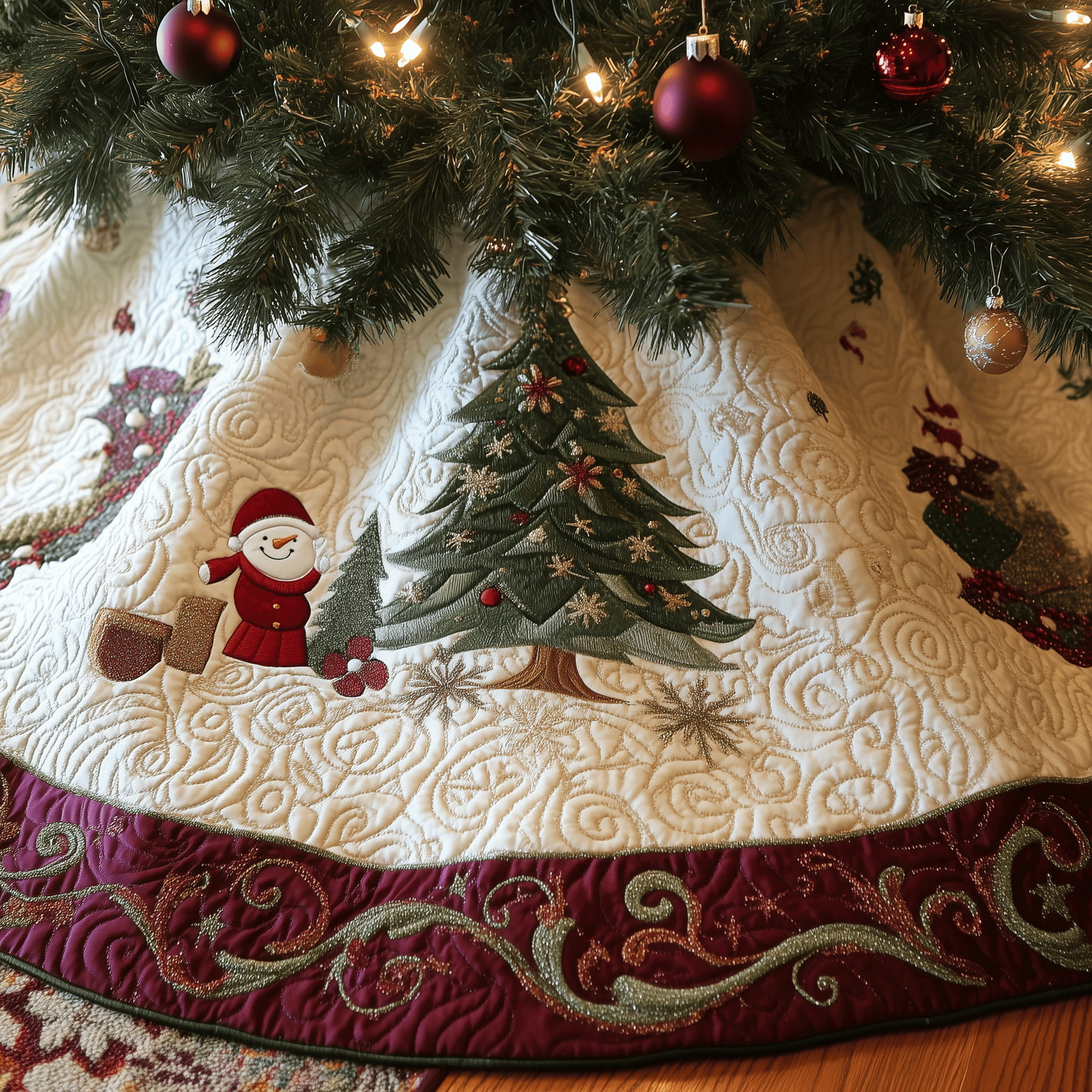 Burgundy Snowmen Quilted Tree Skirt Celebrate the Season Safely with a Durable Tree Skirt