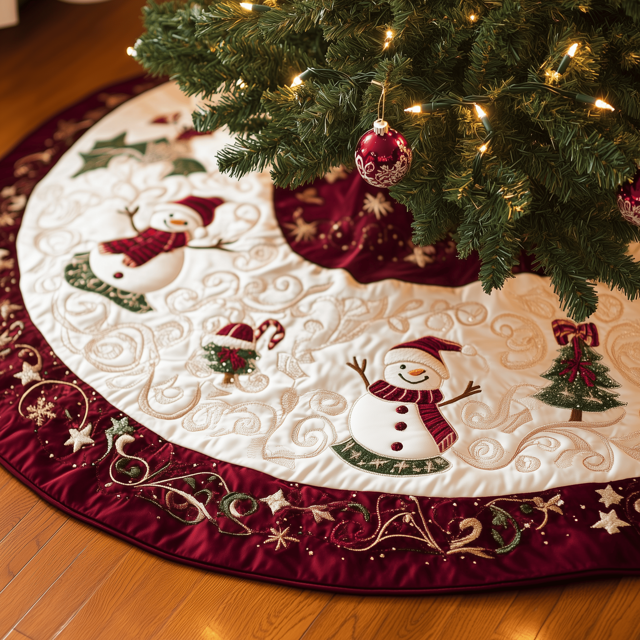 Burgundy Snowmen Quilted Tree Skirt Experience the Magic of Christmas with a Stylish Tree Skirt Burgundy Snowmen Quilted Tree Skirt Experience the Magic of Christmas with a Stylish Tree Skirt