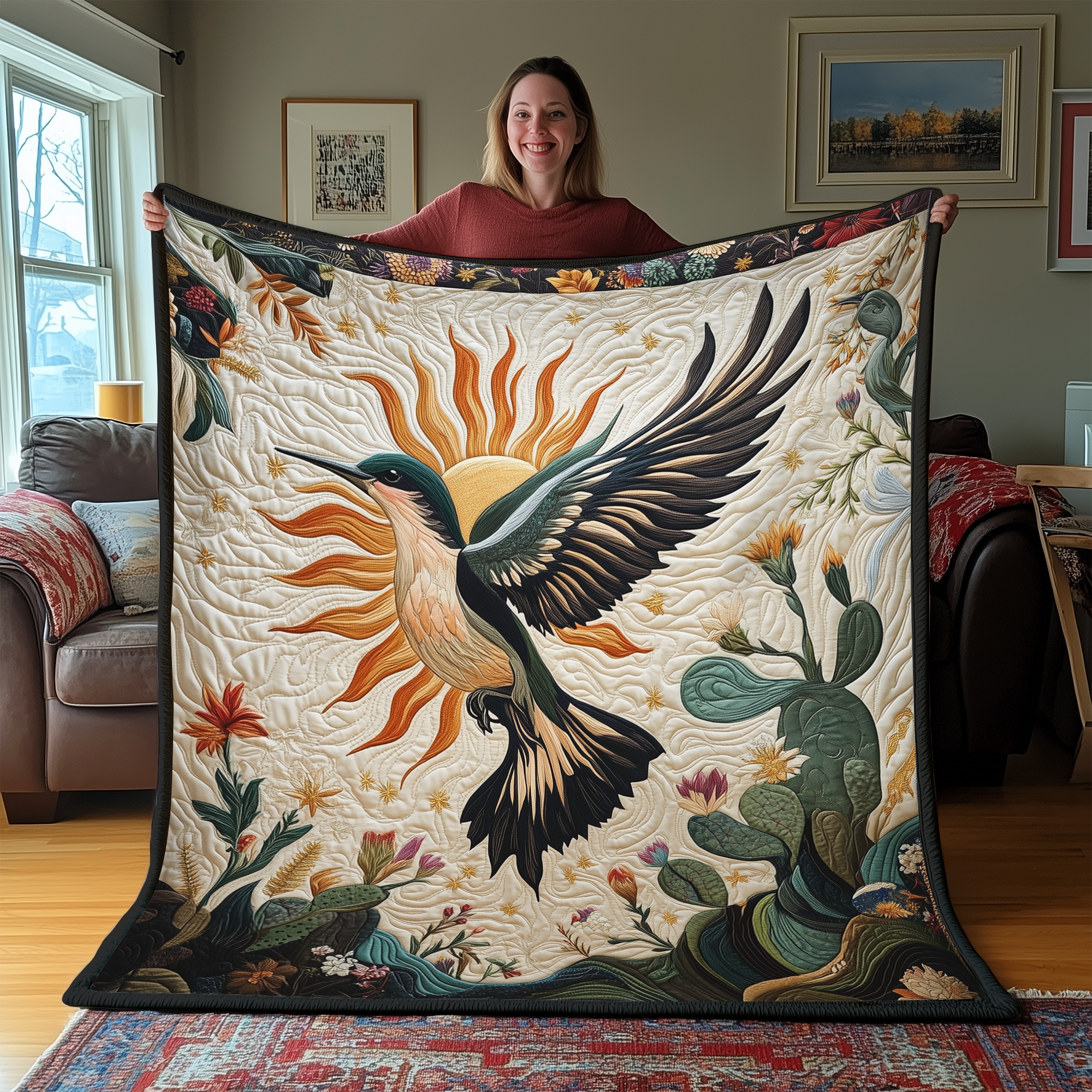 Cactus Hummingbird Quilted Blanket Nice Throw Blankets Best Gifts For Hummingbird Lovers Cactus Hummingbird Quilted Blanket Nice Throw Blankets Best Gifts For Hummingbird Lovers