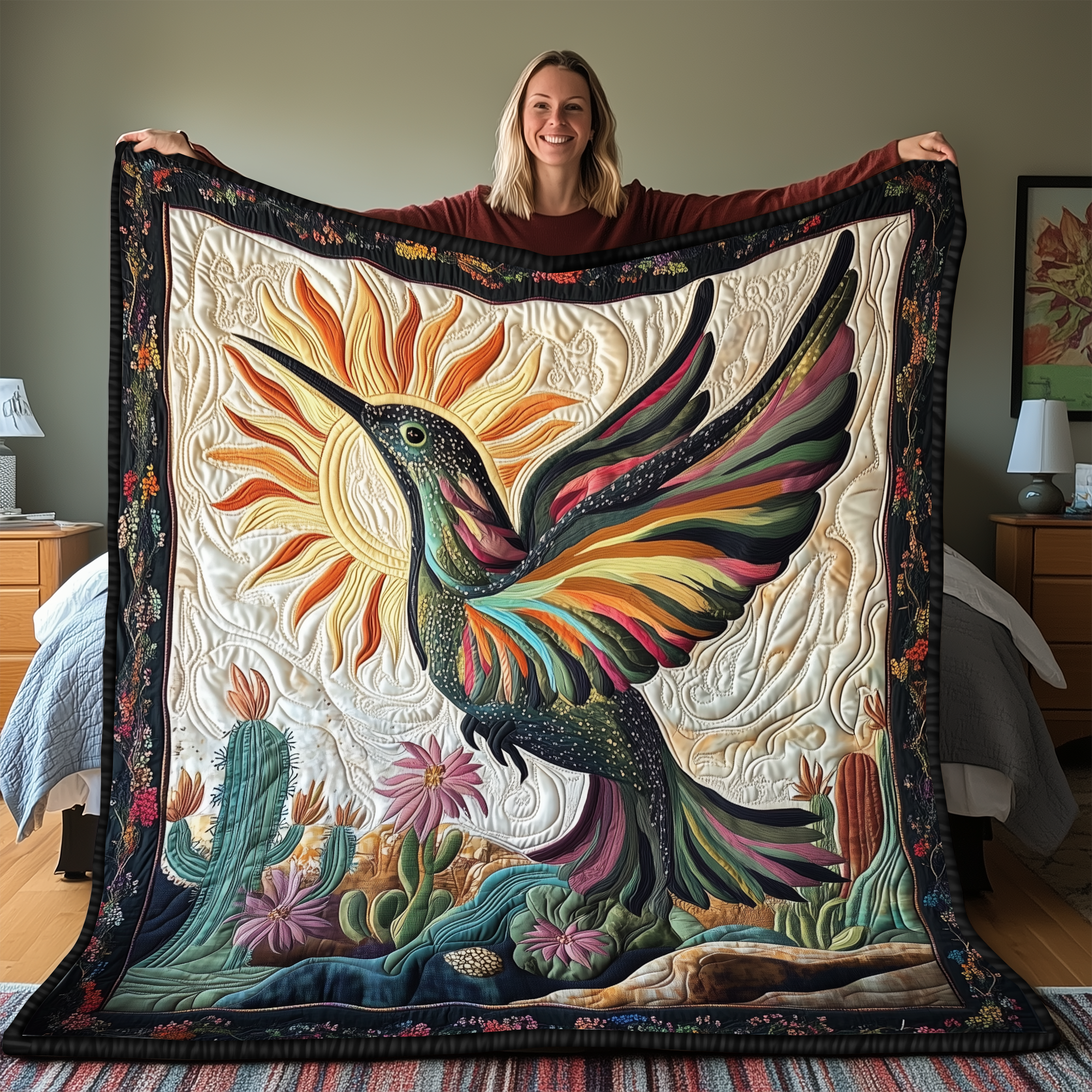 Cactus Hummingbird Quilted Blanket Nice Throw Blankets Hummingbird Gifts For Women Cactus Hummingbird Quilted Blanket Nice Throw Blankets Hummingbird Gifts For Women