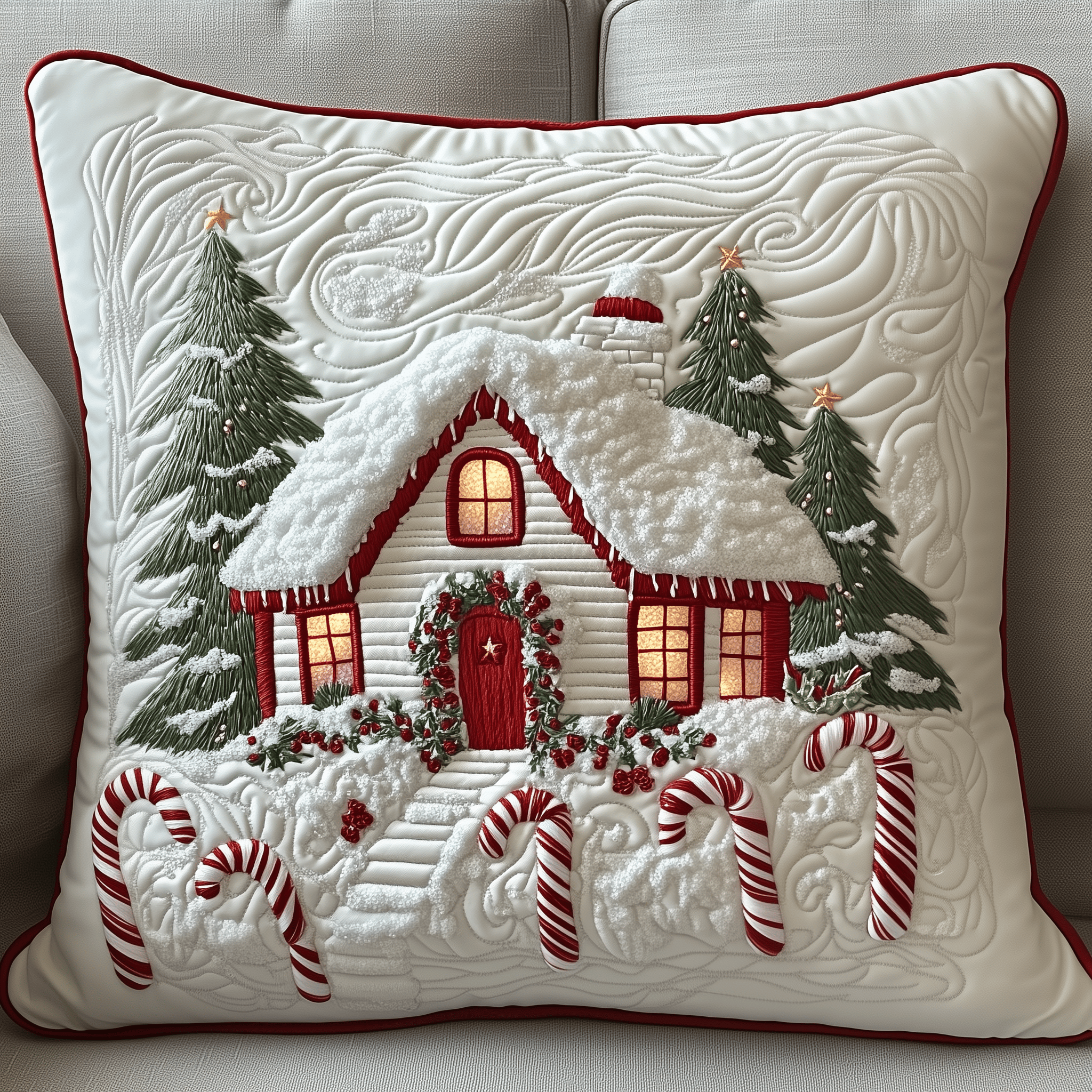 Candy Canes Whimsical House Quilted Pillow Case Feel the Season's Warmth with Cozy Pillow Cases Candy Canes Whimsical House Quilted Pillow Case Feel the Season's Warmth with Cozy Pillow Cases
