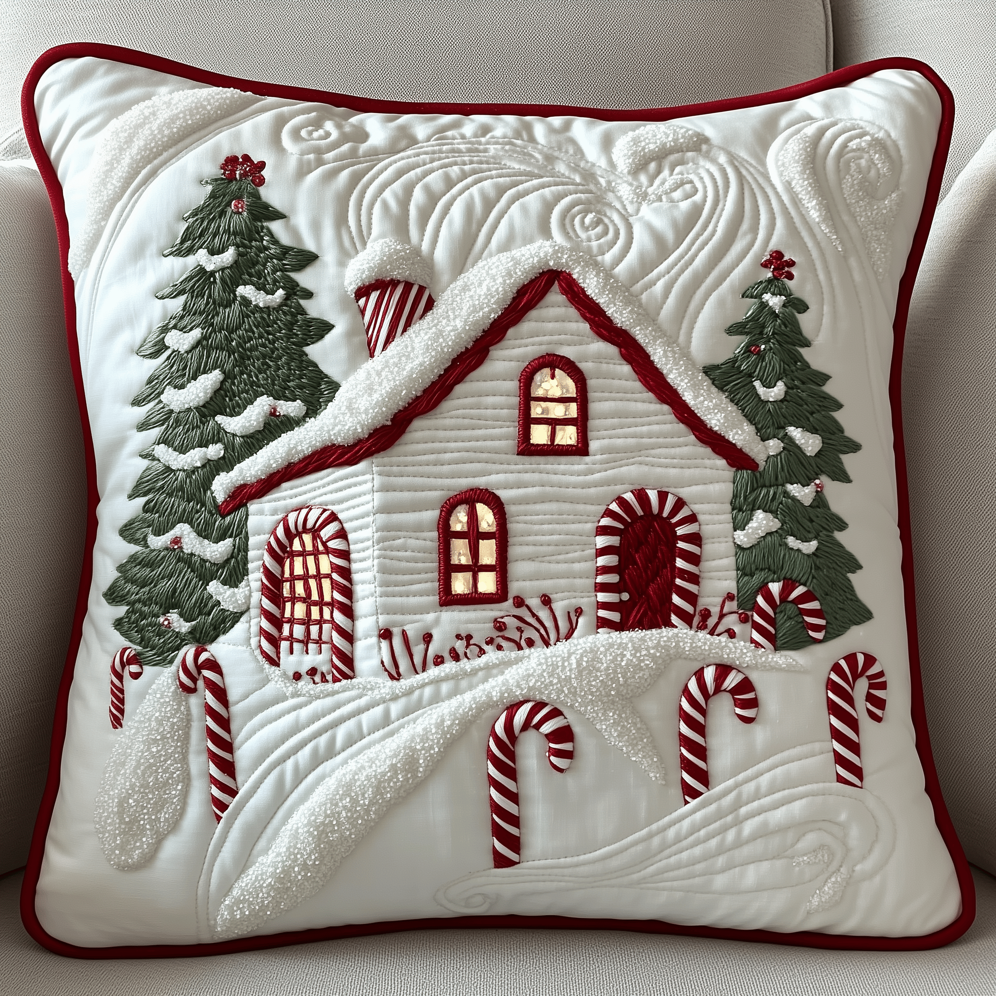 Candy Canes Whimsical House Quilted Pillow Case Feel the Season's Warmth with Cozy Pillow Cases Candy Canes Whimsical House Quilted Pillow Case Feel the Season's Warmth with Cozy Pillow Cases