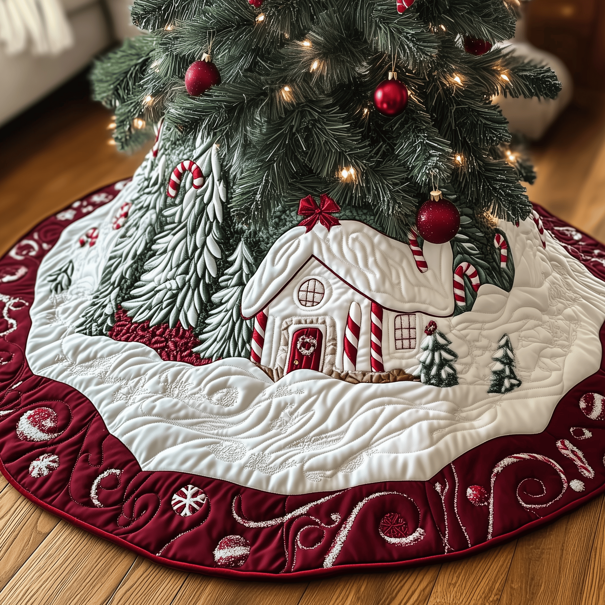 Candy Canes Whimsical House Quilted Tree Skirt A Safe and Stylish Tree Skirt for Your Family's Happiness Candy Canes Whimsical House Quilted Tree Skirt A Safe and Stylish Tree Skirt for Your Family's Happiness