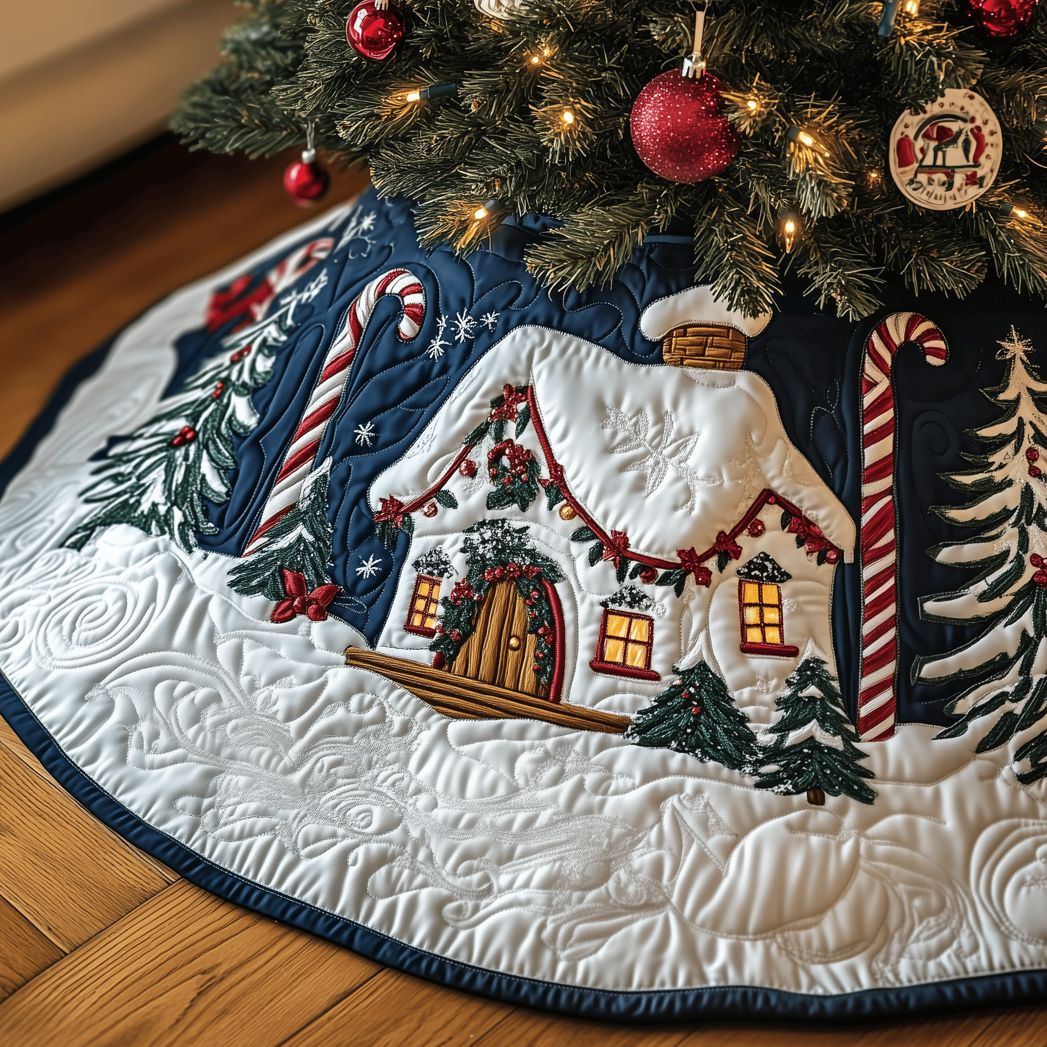 Candy Canes Whimsical House Quilted Tree Skirt Add Comfort and Joy to Your Home with a Durable Tree Skirt Candy Canes Whimsical House Quilted Tree Skirt Add Comfort and Joy to Your Home with a Durable Tree Skirt