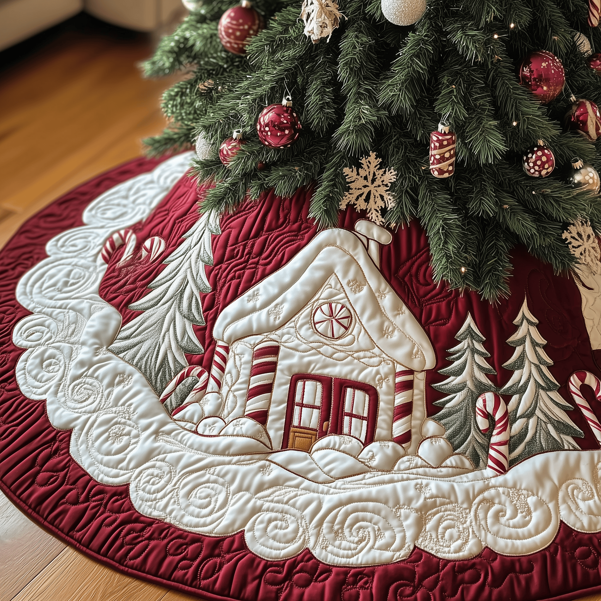 Candy Canes Whimsical House Quilted Tree Skirt Enjoy a Peaceful Holiday with the Perfect Tree Skirt Candy Canes Whimsical House Quilted Tree Skirt Enjoy a Peaceful Holiday with the Perfect Tree Skirt