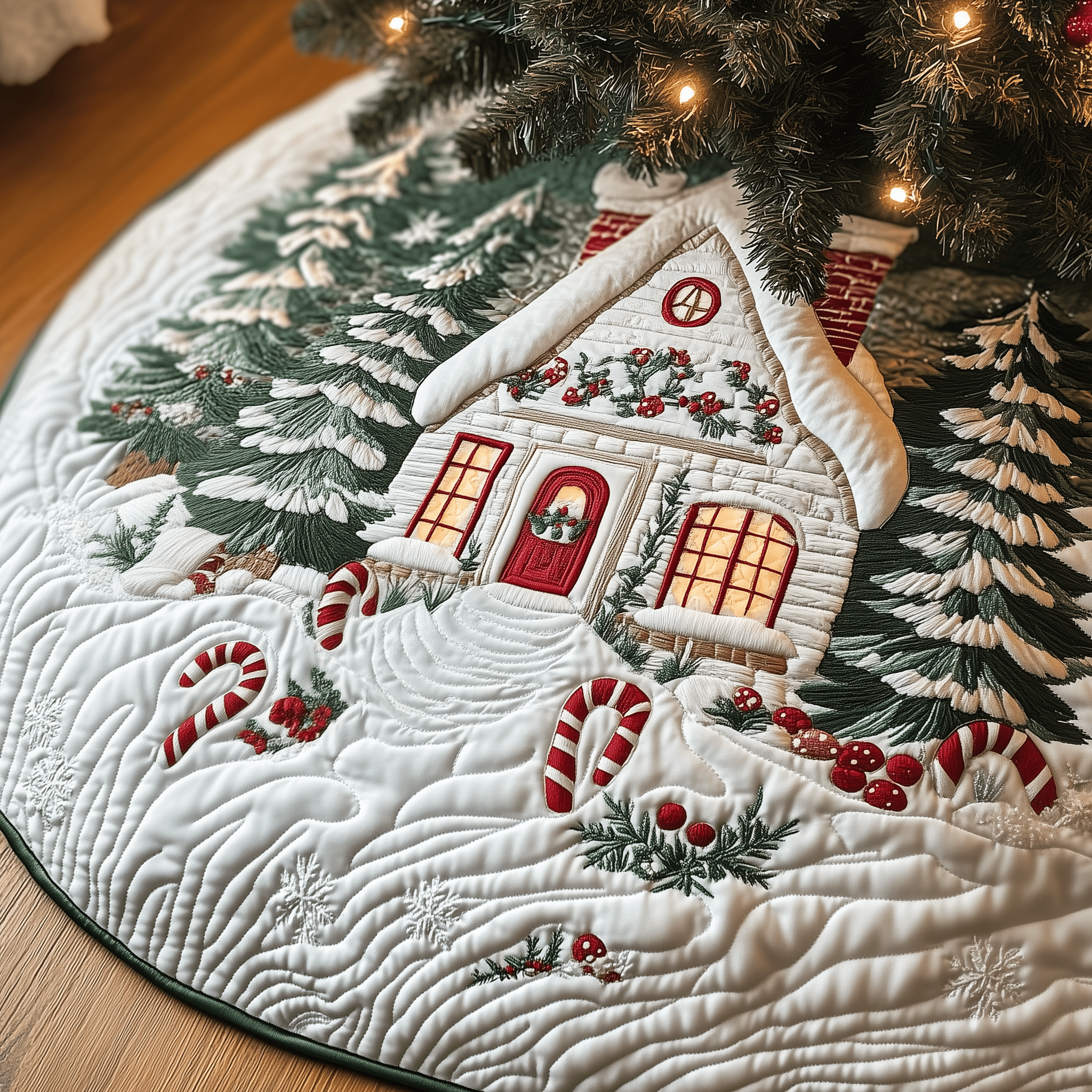 Candy Canes Whimsical House Quilted Tree Skirt Feel the Warmth of Christmas with Protective Decor Candy Canes Whimsical House Quilted Tree Skirt Feel the Warmth of Christmas with Protective Decor