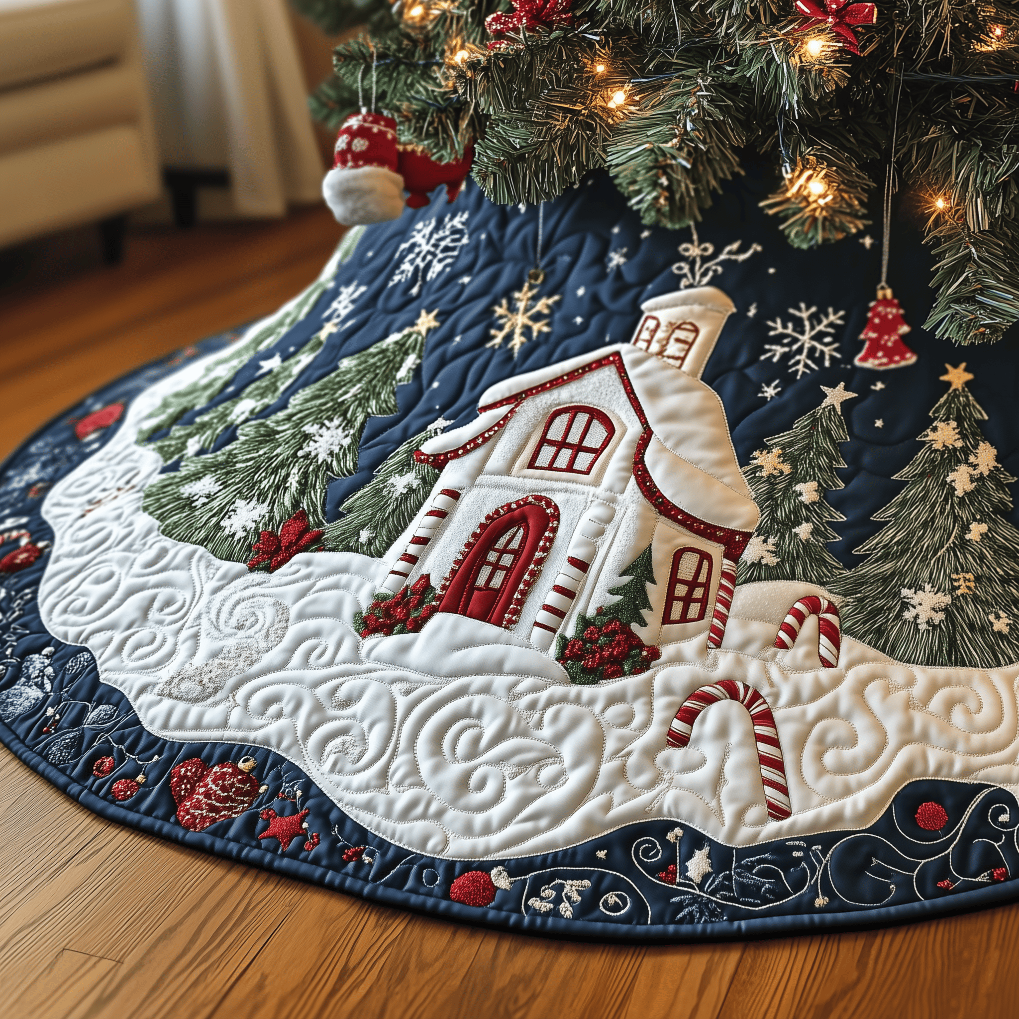 Candy Canes Whimsical House Quilted Tree Skirt Make the Holidays Worry-Free with Protective Tree Decor Candy Canes Whimsical House Quilted Tree Skirt Make the Holidays Worry-Free with Protective Tree Decor