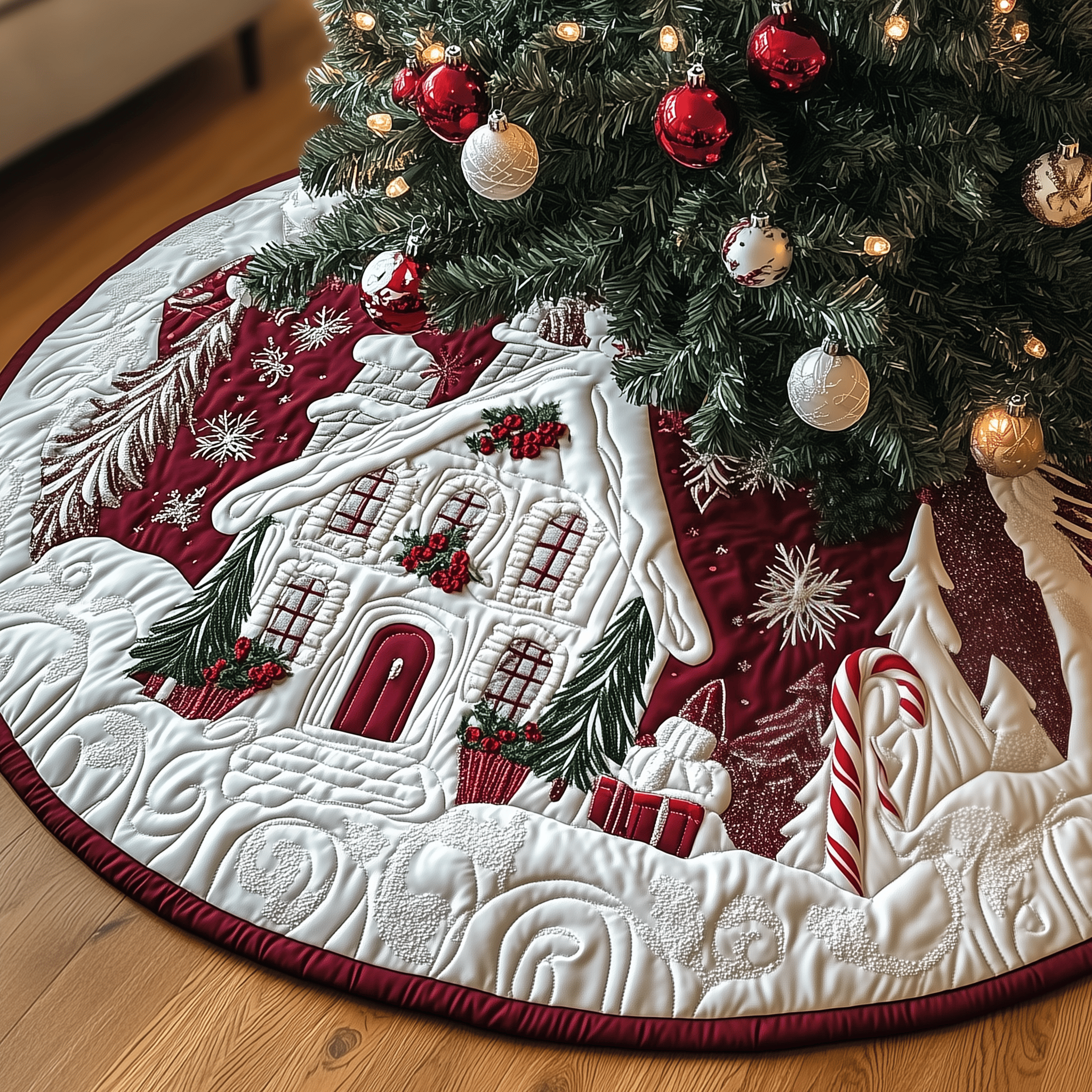Candy Canes Whimsical House Quilted Tree Skirt Protect Your Home with a Tree Skirt Designed for Joy Candy Canes Whimsical House Quilted Tree Skirt Protect Your Home with a Tree Skirt Designed for Joy